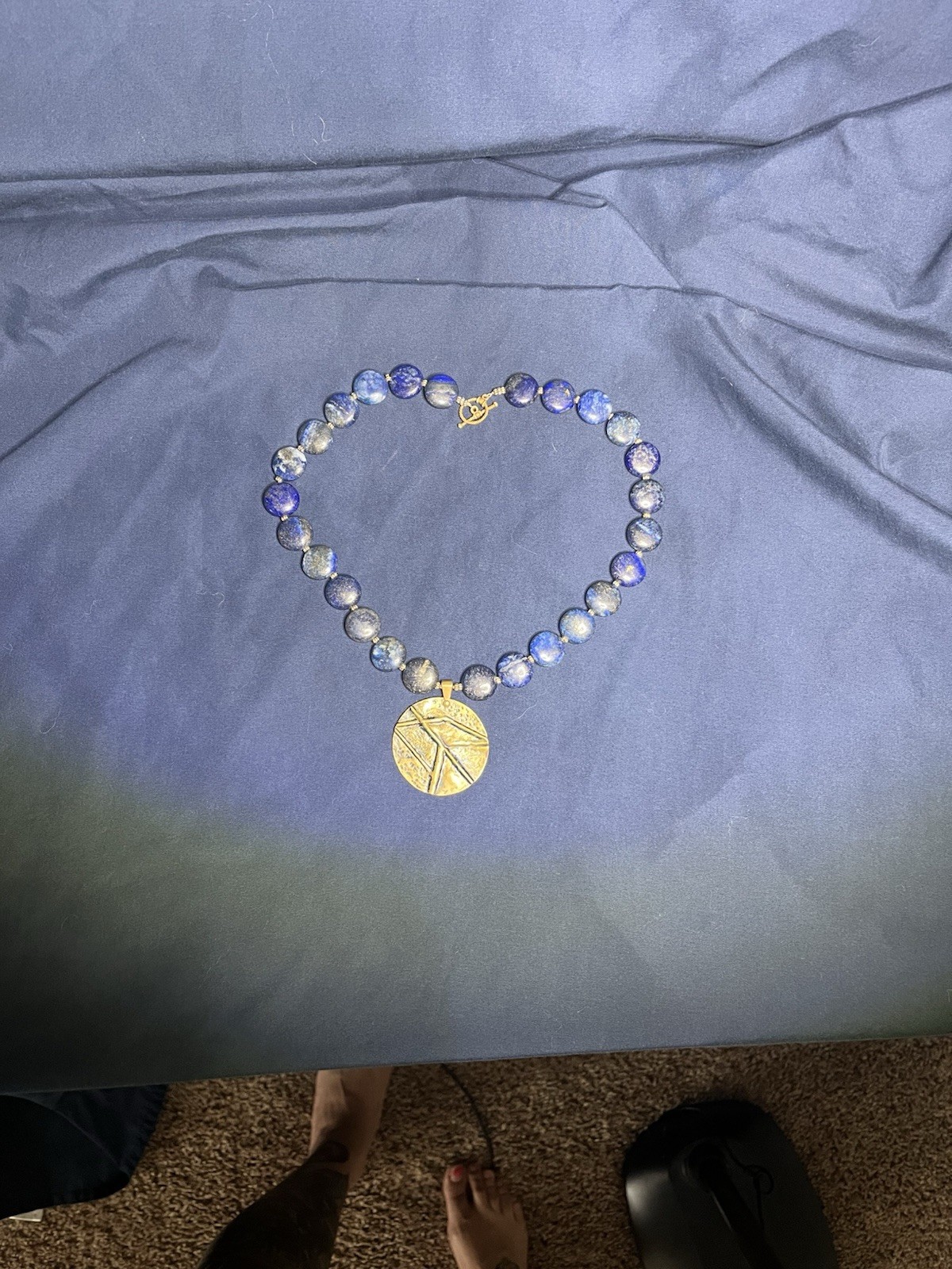 Lapis lazuli Chain Necklace with Round brass Charm Pendant Toggle