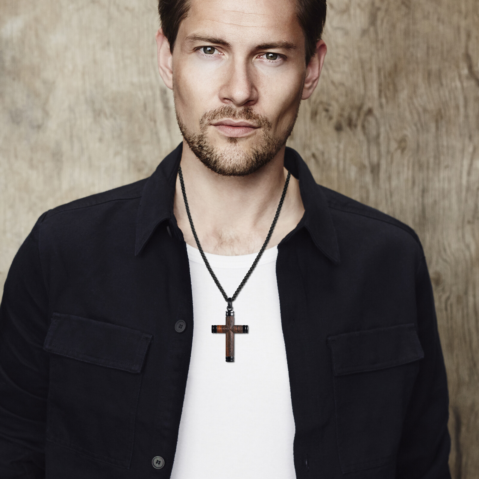 Cool Mens Boys Stainless Steel Natural Wood Cross Pendant Necklace Women Chain