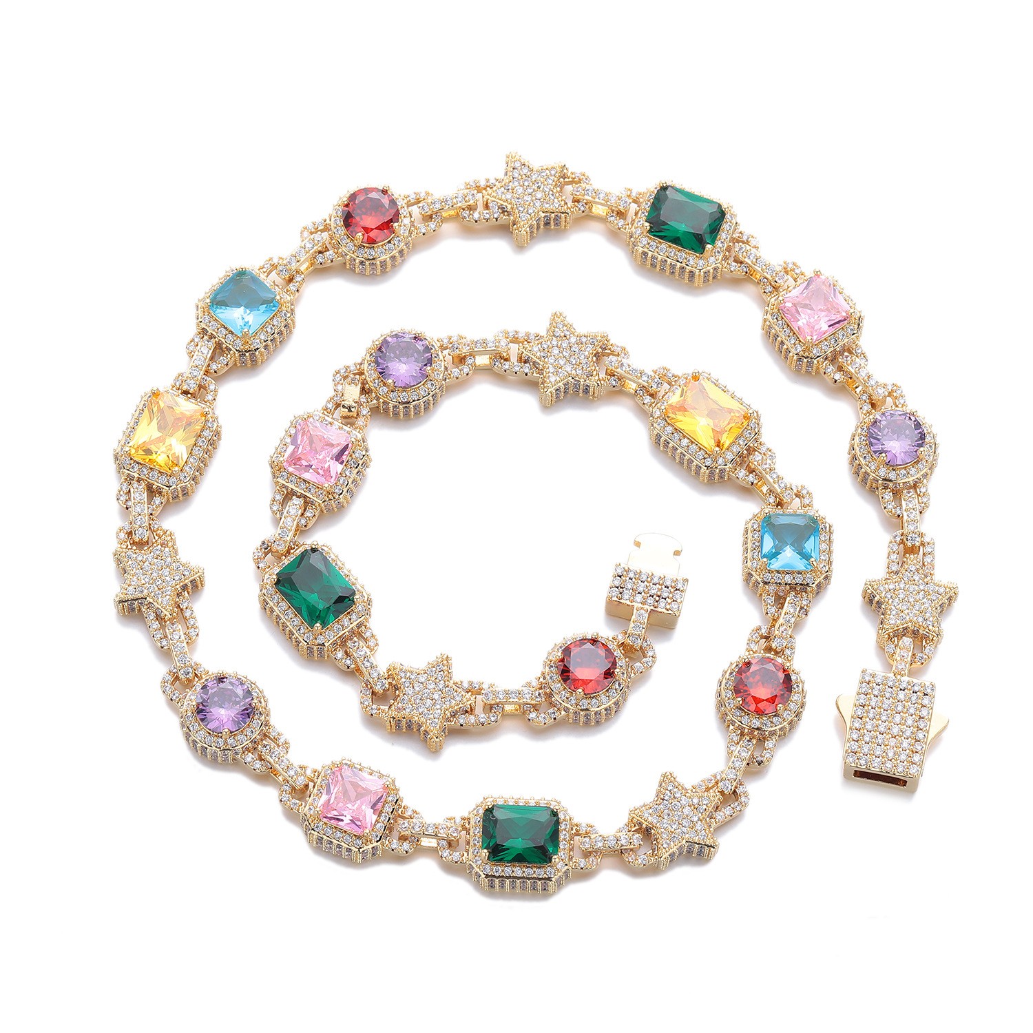 10mm Hip Hop Colored Zircon Crystal Star Chain Necklace Bracelet Choker Jewelry