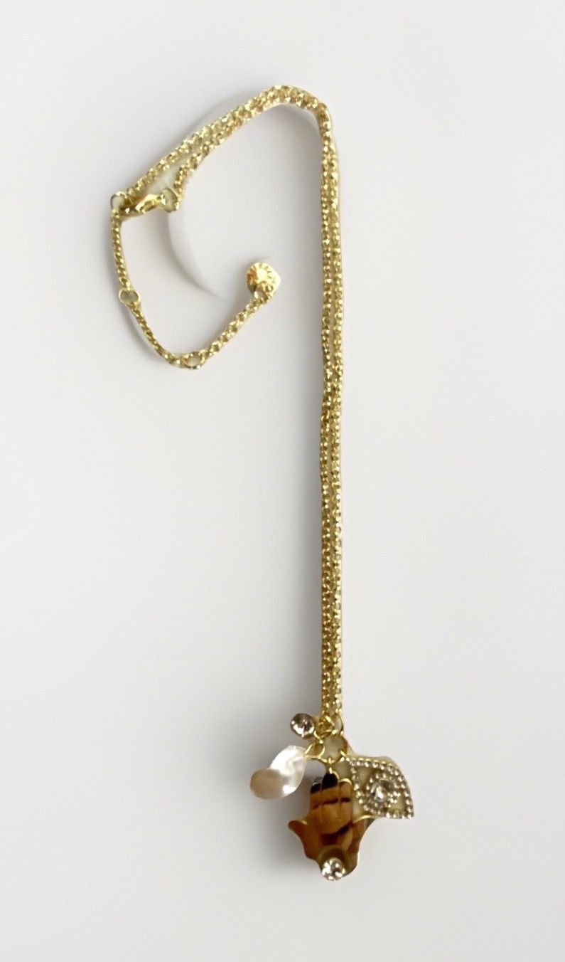 Adjustable Gold Tone BaubleBar Necklace with Charms, Hamsa, Evil Eye, etc 17-20″