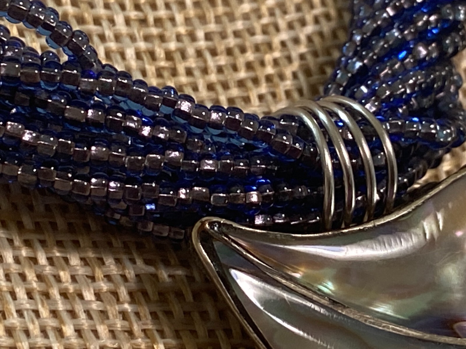 African Glass Bead Necklace with Vintage Silver and Seashell Pendant