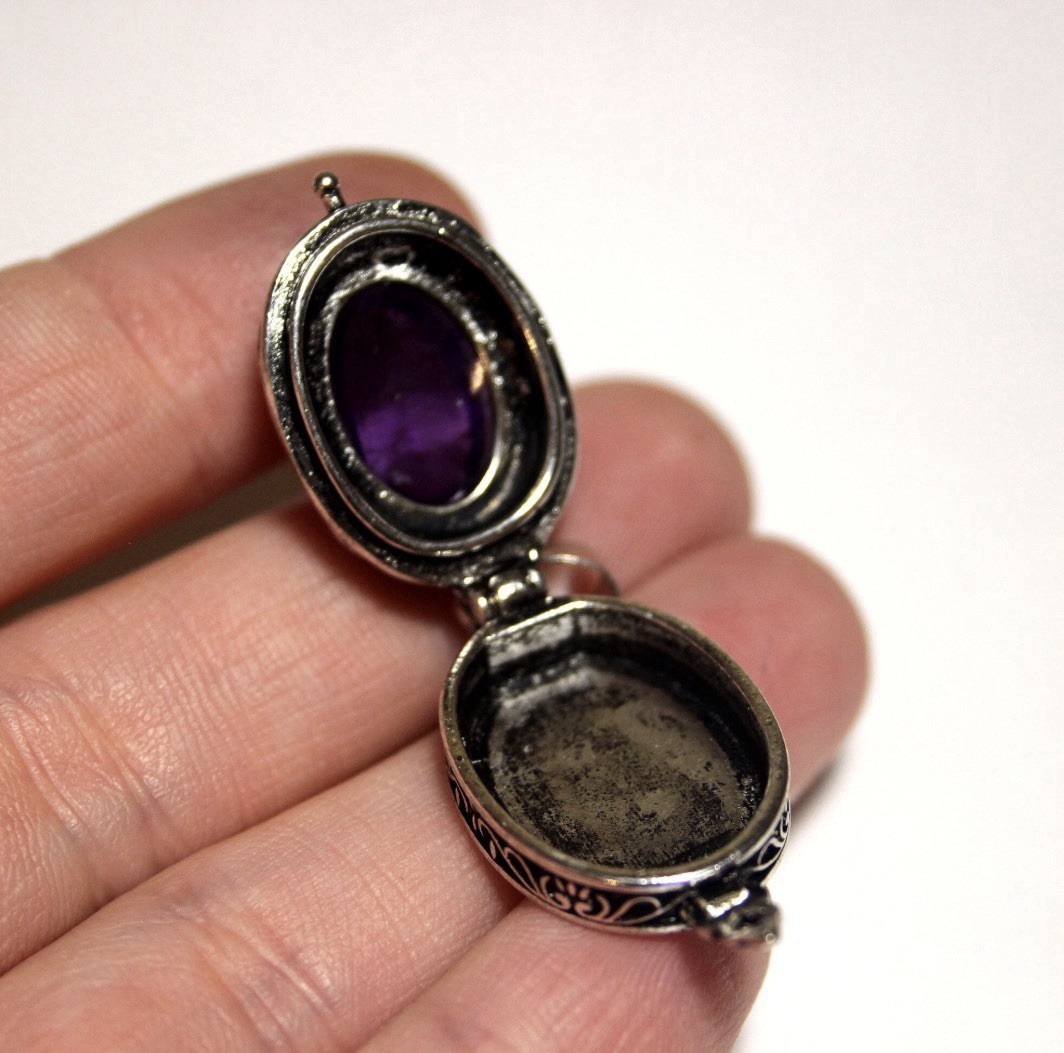 Amethyst Locket Pendant, Sterling Silver Plated Poison Pendant