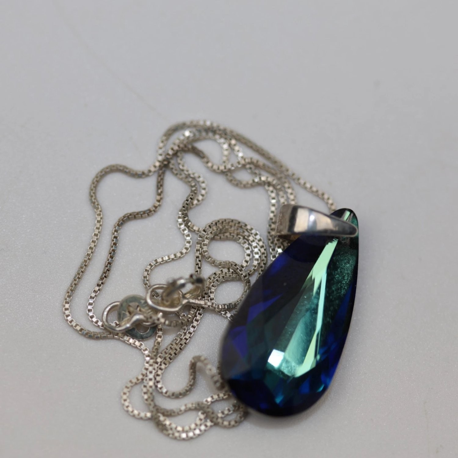Bsi Necklace 18 Inch Chain Blue Crystal Spring Ring Clasp Sterling Italy Silver