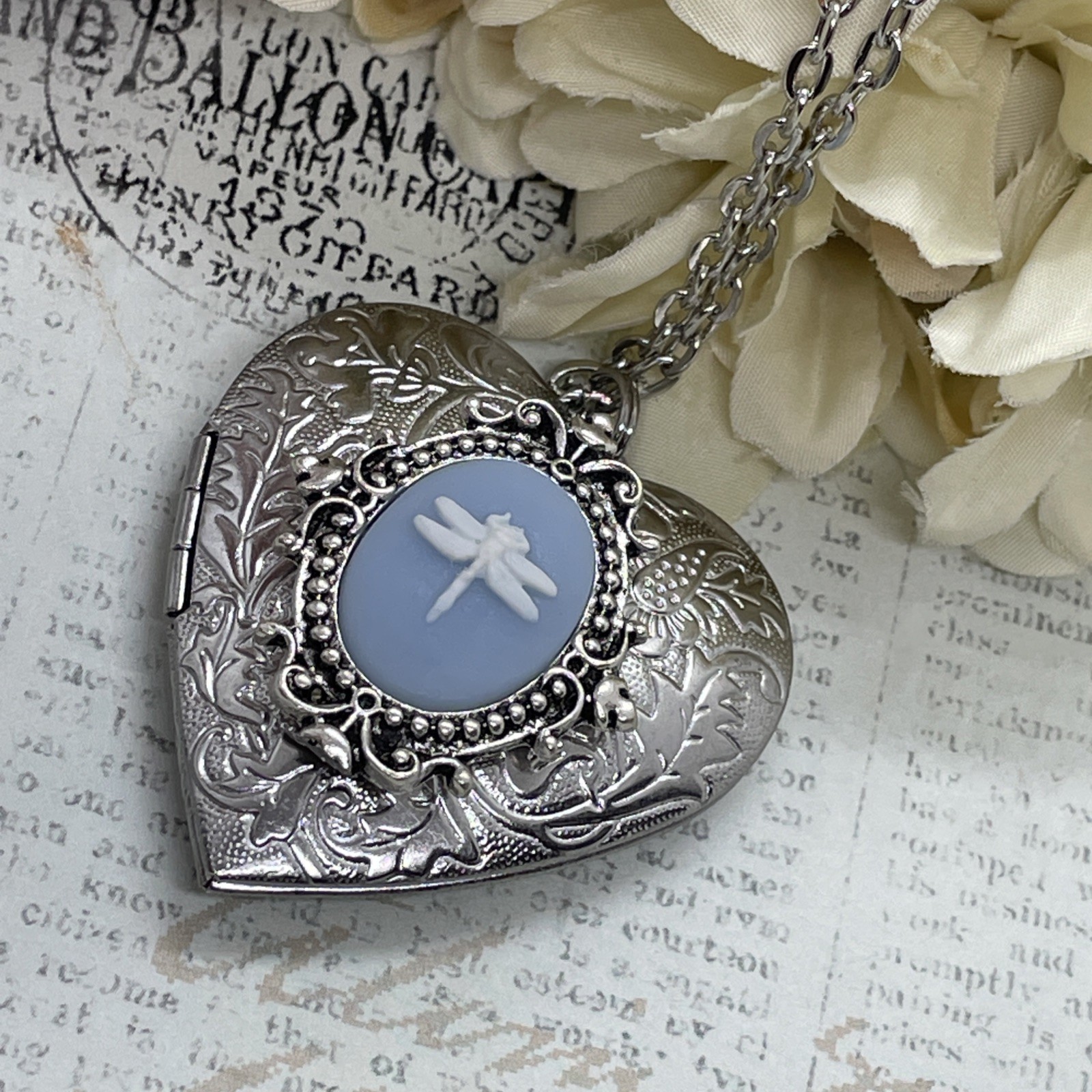 Heart Silver Cameo Blue New Dragonfly Locket Necklace Photo Memorial wedding