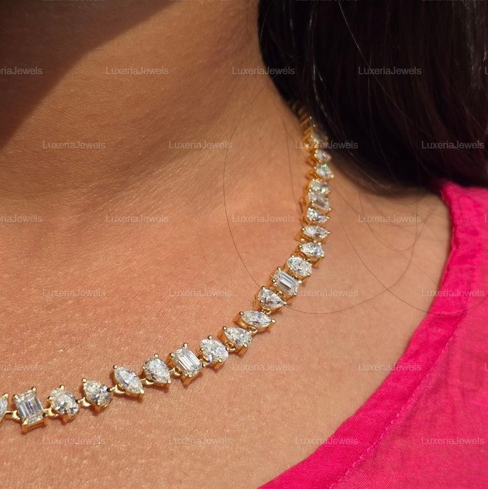 32TCW Mix Shape Moissanite Necklace, Statement Necklace, Bridal Necklace, Gift