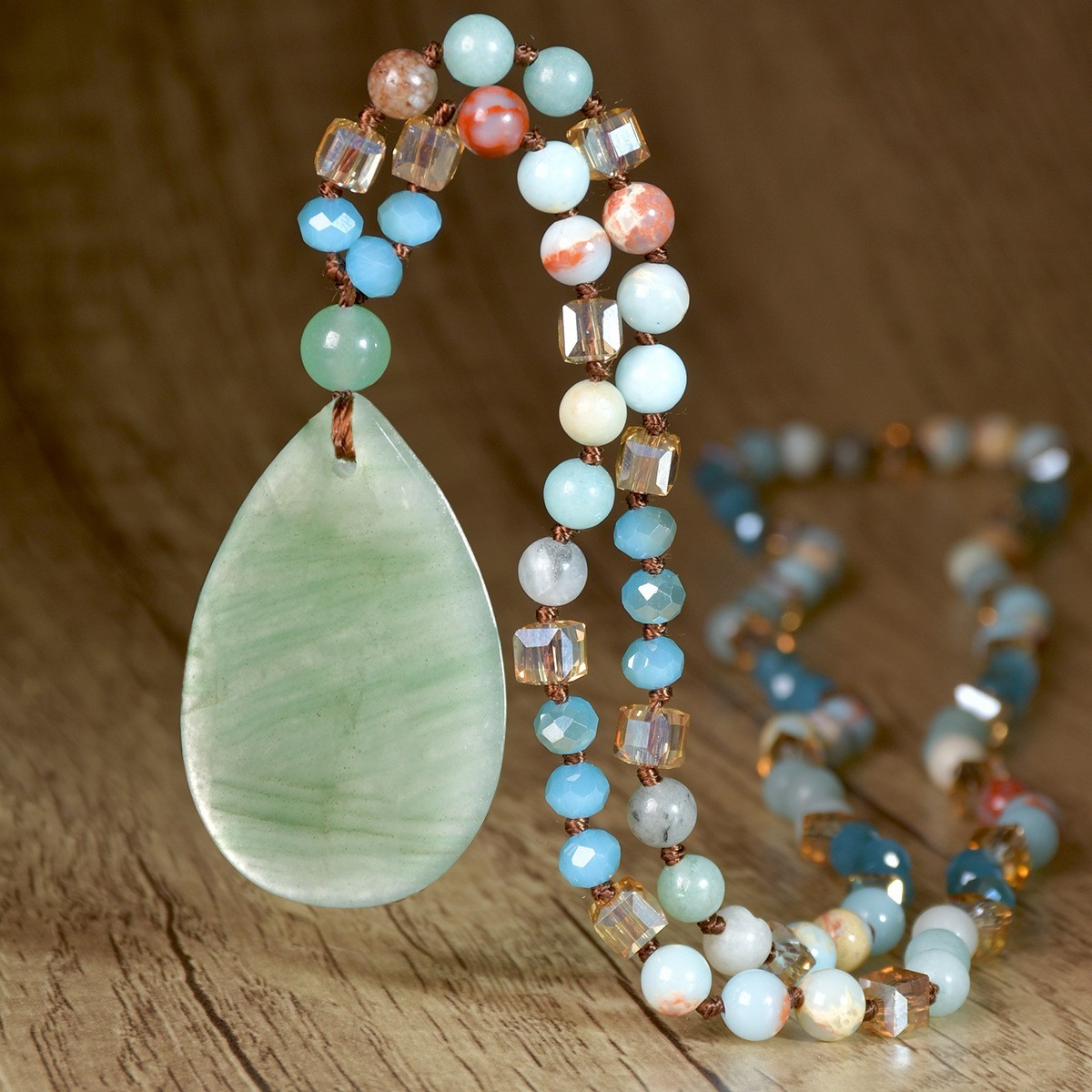 New Vintage Natural Stone Pendant Necklace For Women Knot Necklace Sweater Chain