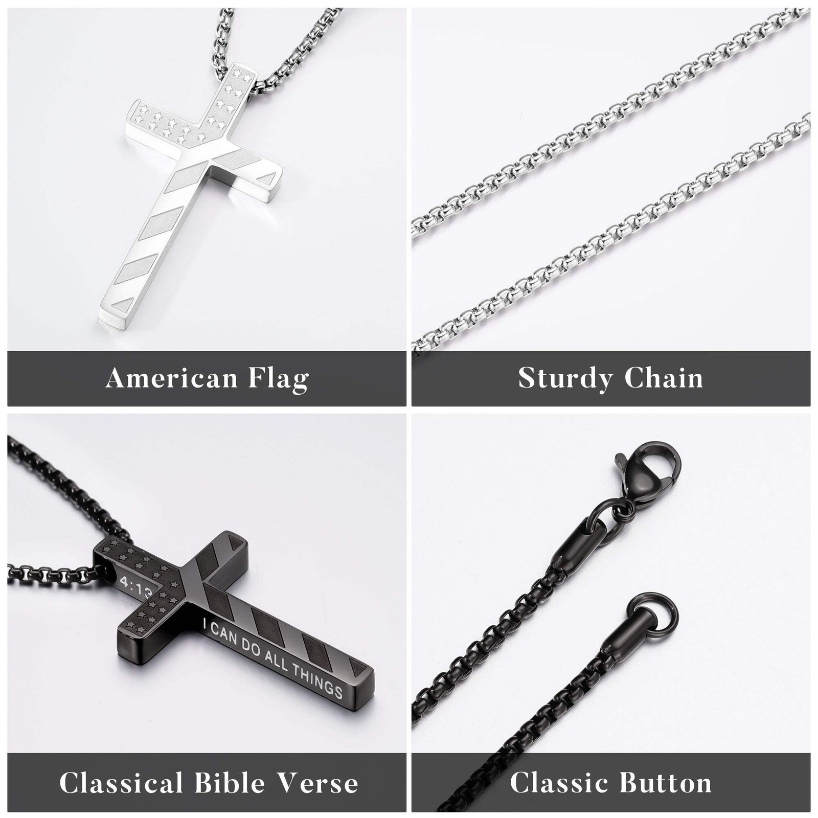 Truandoss Silver Black American Flag Cross Necklace for Men Boys, Mens Gifts