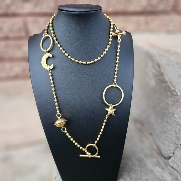 Gold Celestial Charm Necklace Women’s Jewelry Planet Moon Stars Jack Ball Chain
