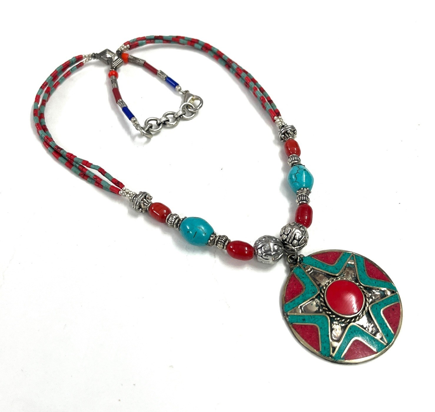 Handcrafted Red Coral Turquoise Gemstone Tibetan Necklace Jewelry, 17 Inch Adjs