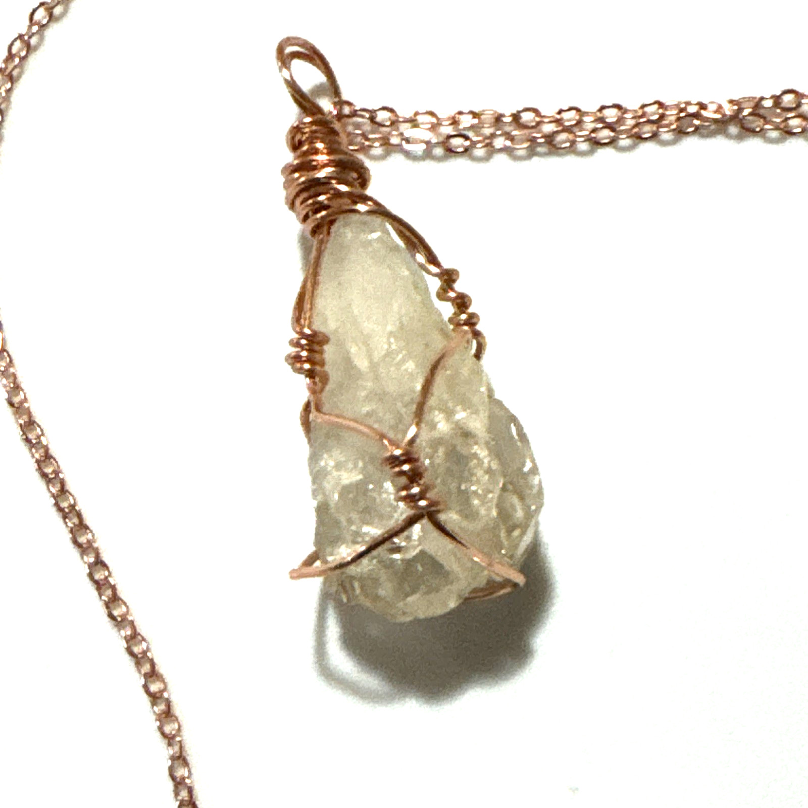 Clear Quartz Necklace Jewelry Rose Gold Tone 30″ Chain Genuine Stone Handmade