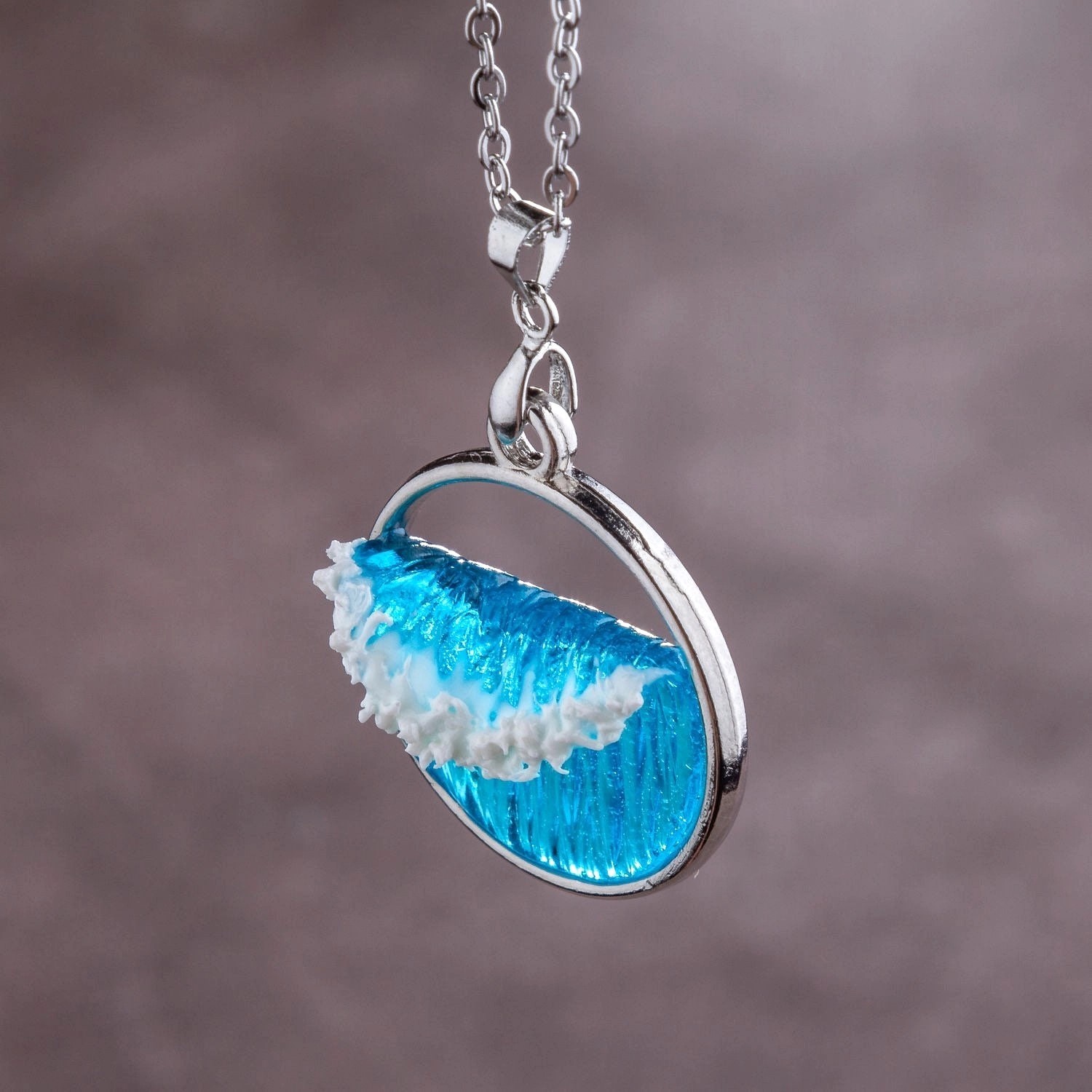 **Handmade Silver Ocean Wave Necklace Resin Sea Jewelry Gift for Her**