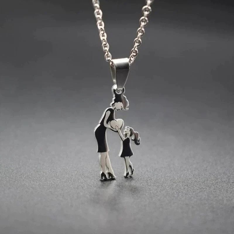 Mother Child Heart Necklace Stainless Steel Family Figure Pendant Jewelry