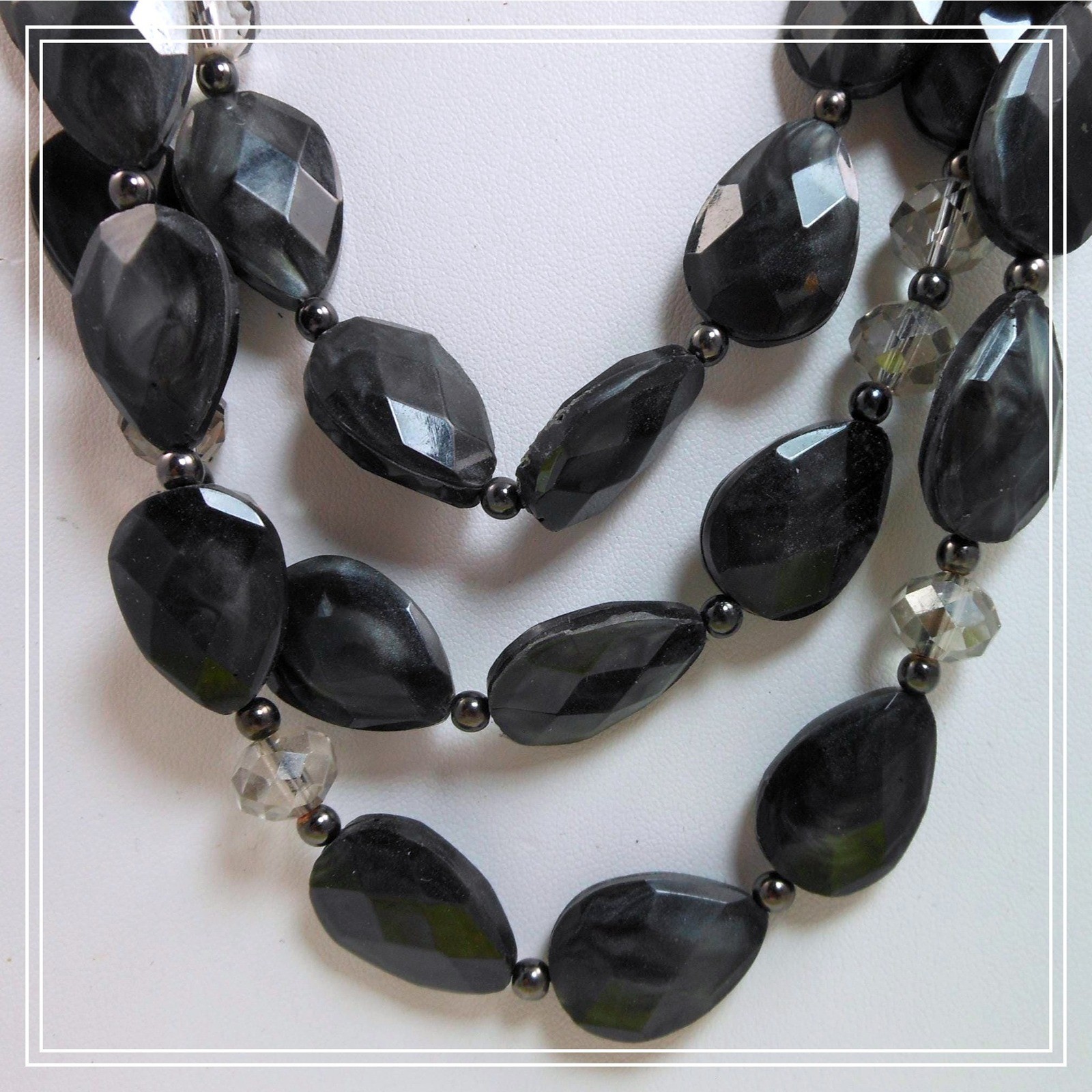Vintage Three Strand Crystal Pendant Black Grey Necklace – Designer Signed