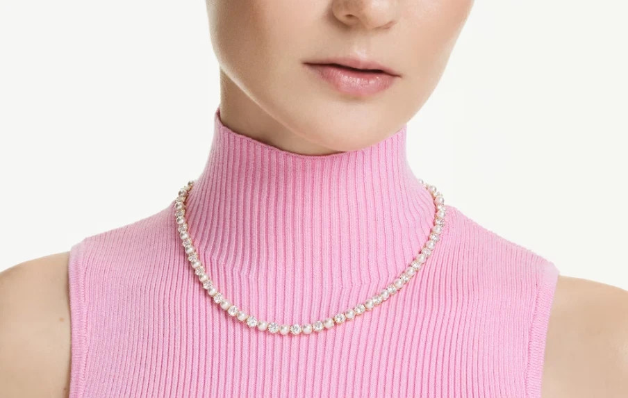 Swarovski Matrix Tennis necklace Crystal pearl, Round cut White Gold-tone plated