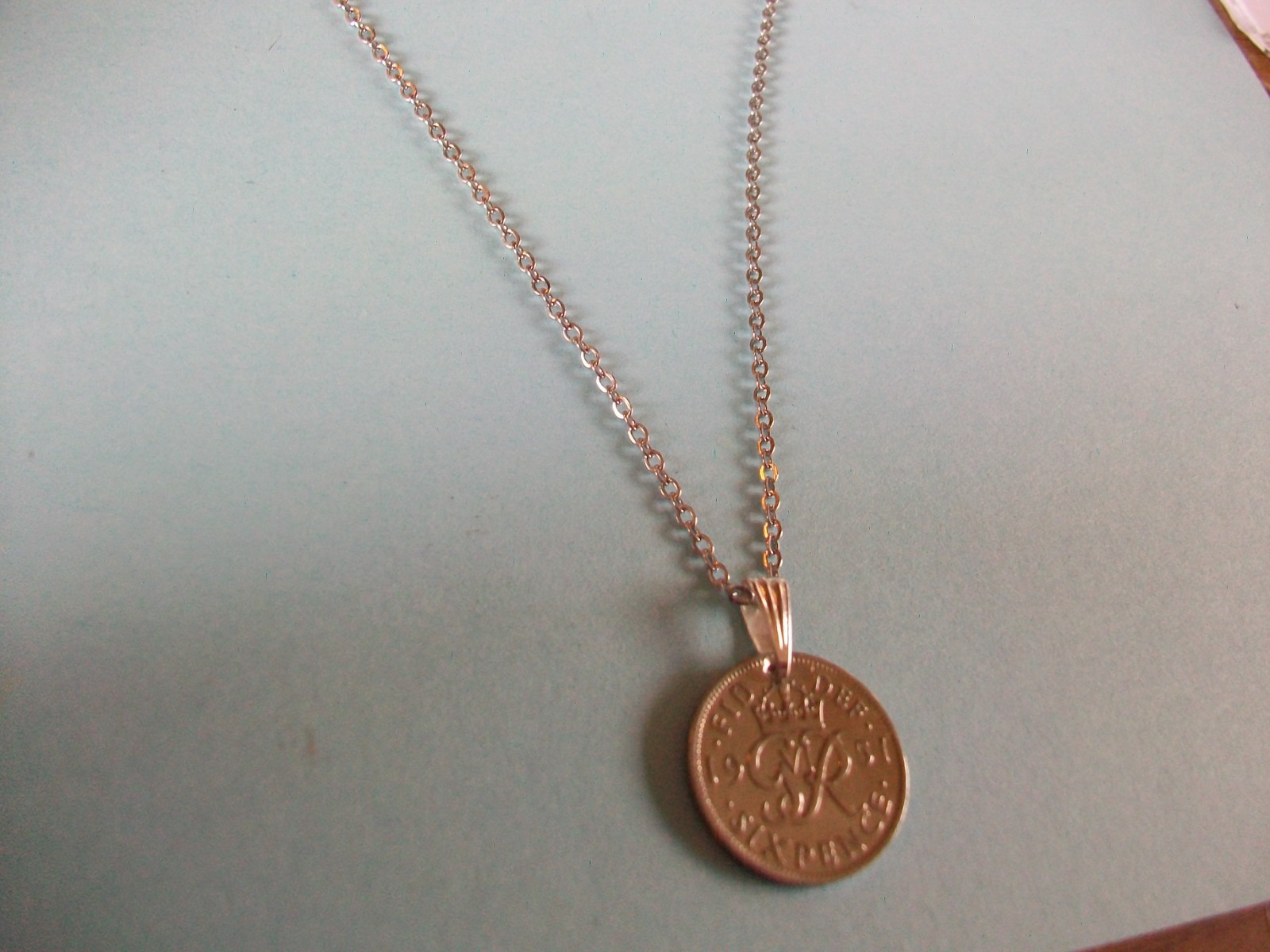 SIXPENCE COIN – SILVER FINE LINK CABLE CHAIN PENDANT NECKLACE – 1948 to 1951