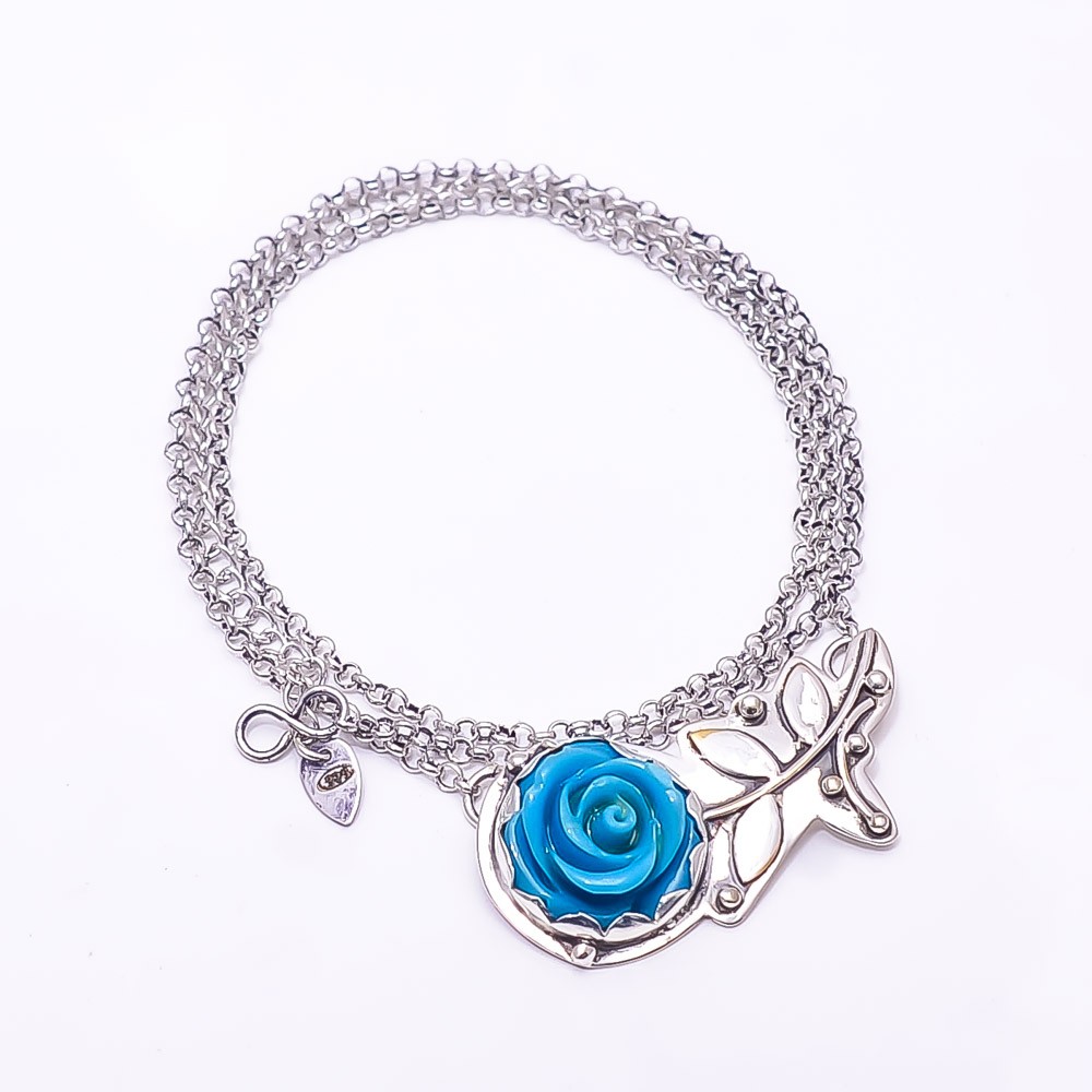 Carved Sleeping Beauty Turquoise Flower 925 Silver Chain Pandent 17.99″ CP440246