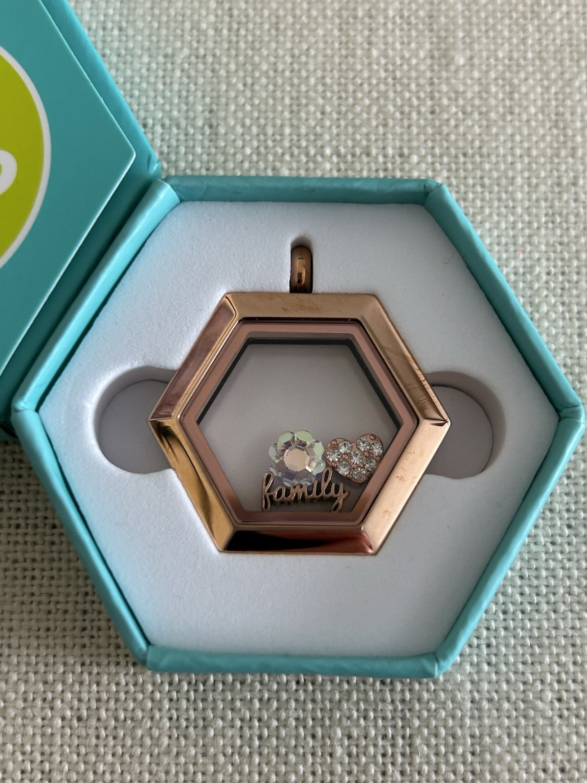 Origami Owl Medium Rose Gold Hexagon Hinge Closure Locket w/Charms “New in Box”