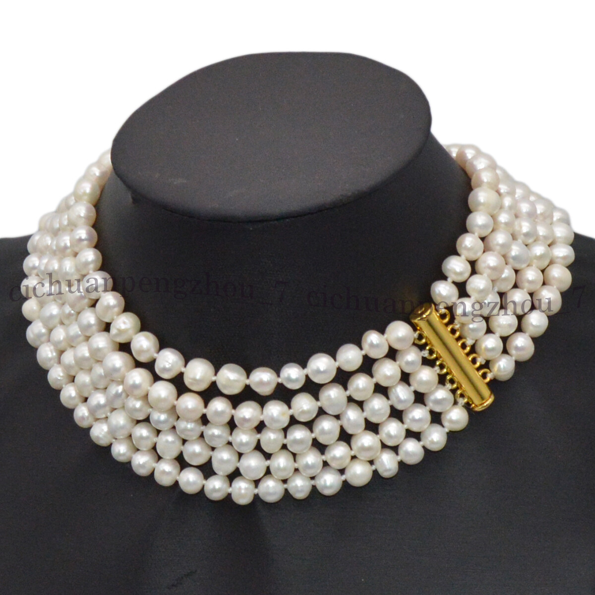 5 Rows Natural 7-8mm White Akoya Cultured Pearl Choker Layered Necklace 14.5”
