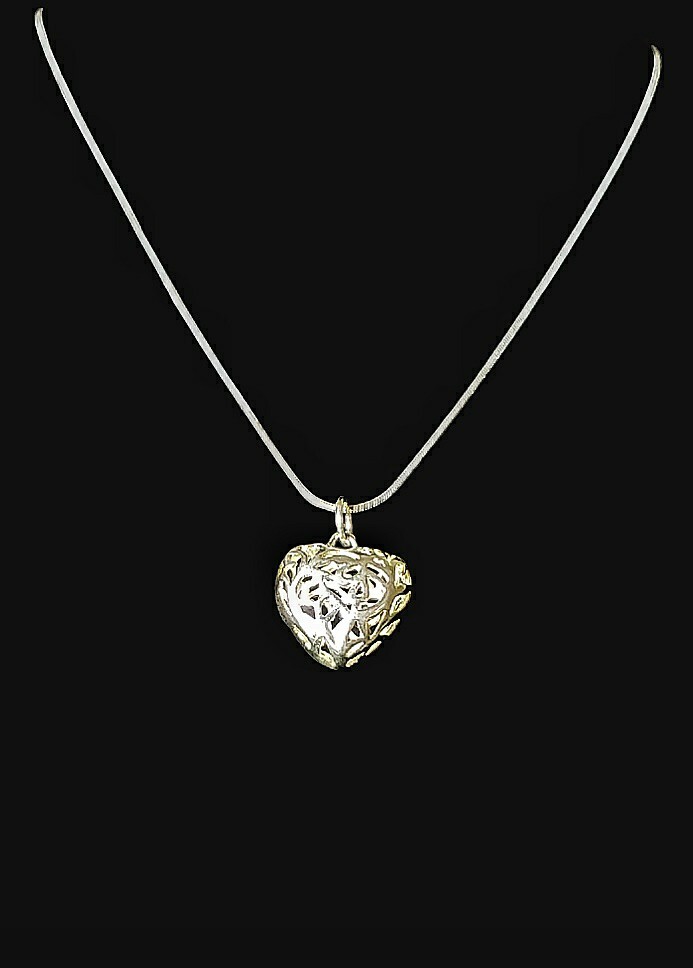 18″ x 1mm Sterling EP Snake Chain w 24mm Sterling EP Open Work 3D Heart Pendant