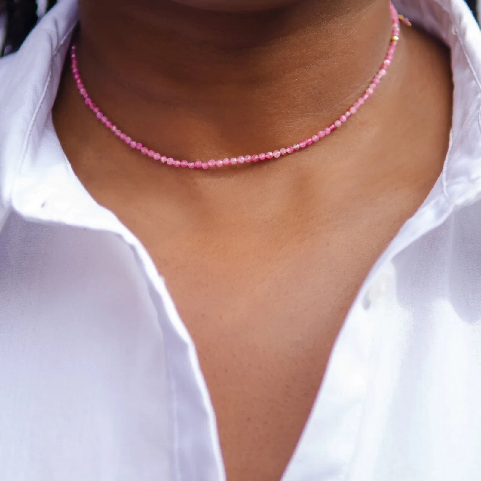 Natural Pink Tourmaline 2mm Beaded Choker Minimalist Dainty Crystal Necklace