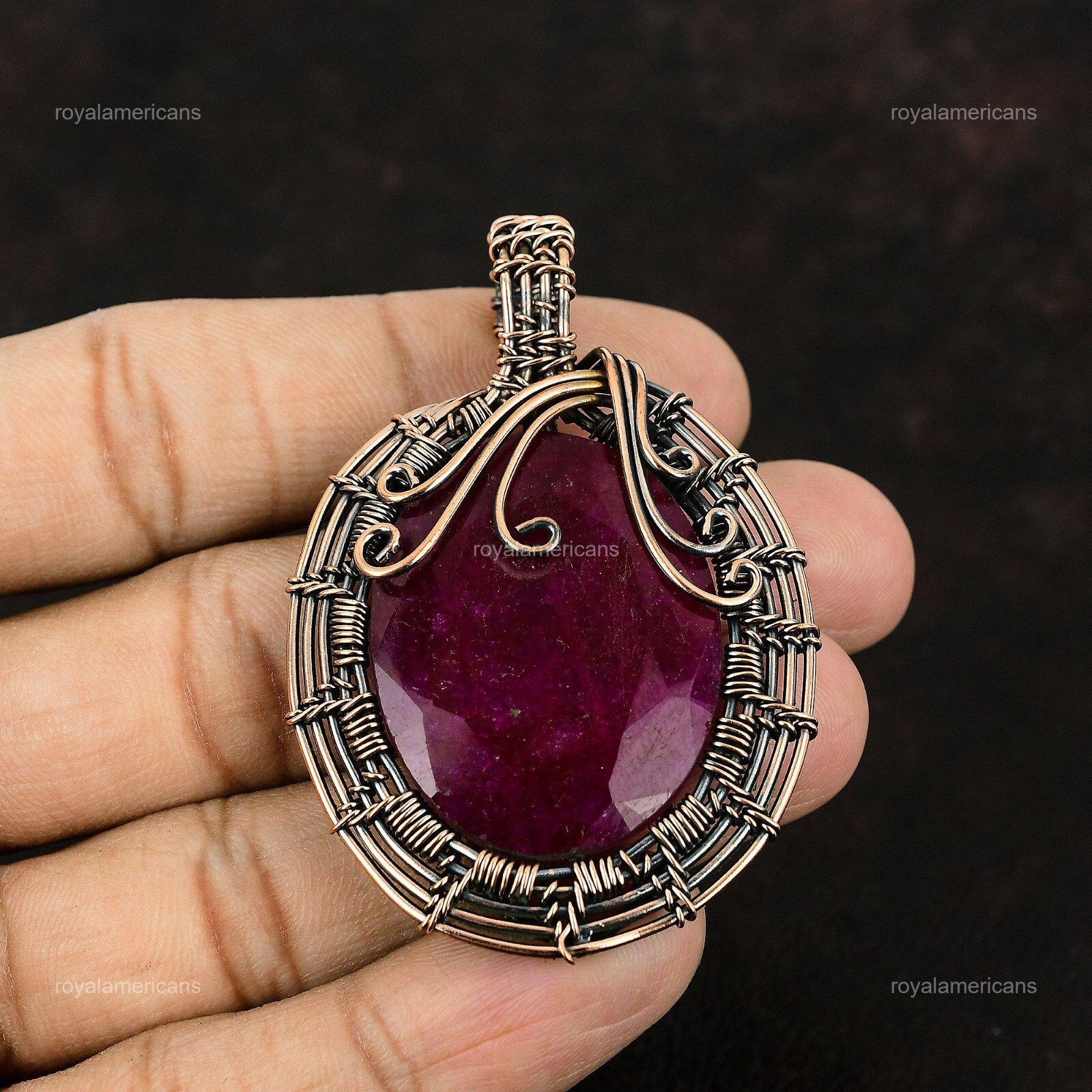 Kashmir Rubi Gemstone Wire Wrapped Pendant Handcrafted Copper Jewelry 2.52″