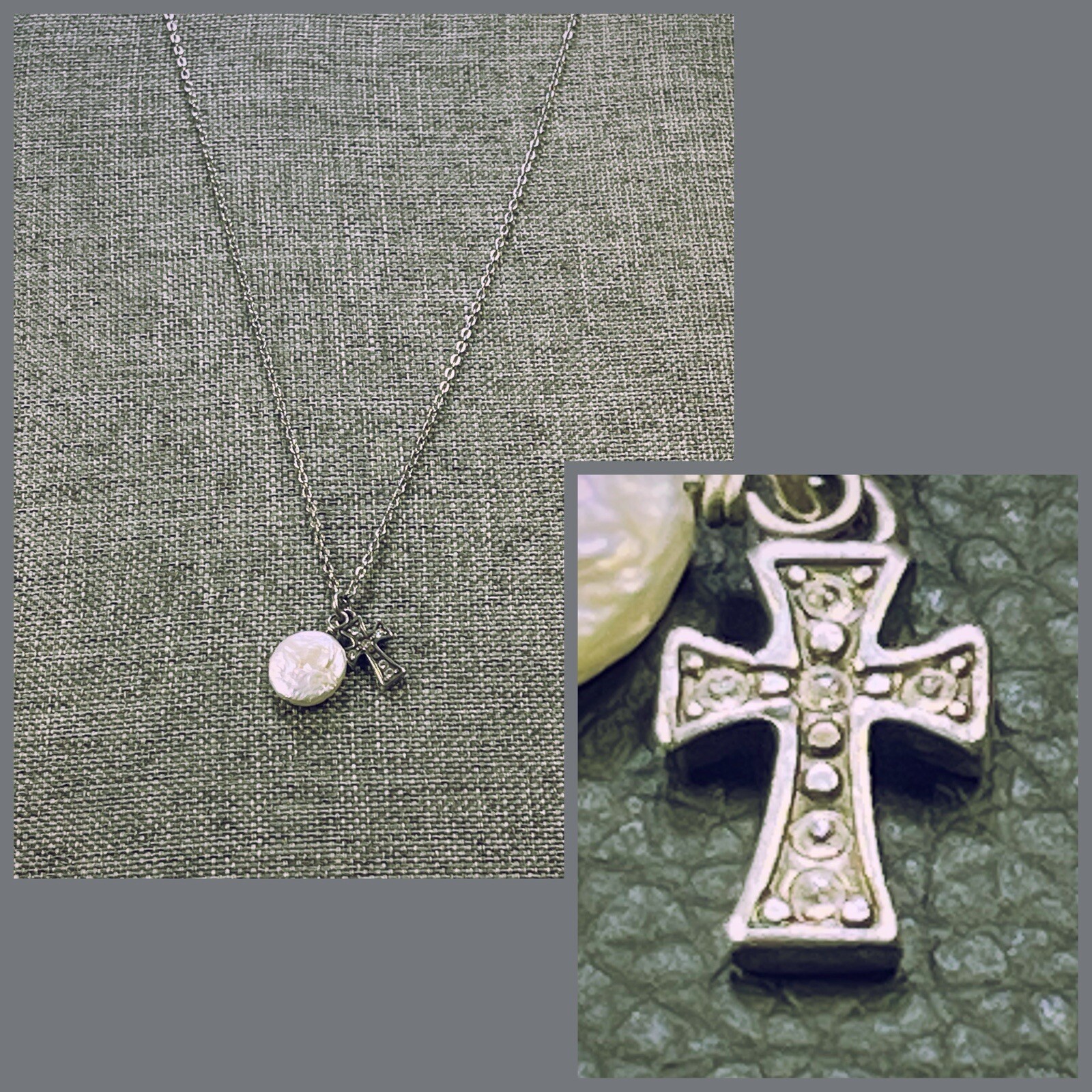 Brighton MARGARITA CROSS Silver Crystal Pearl Disc Pendants Necklace,