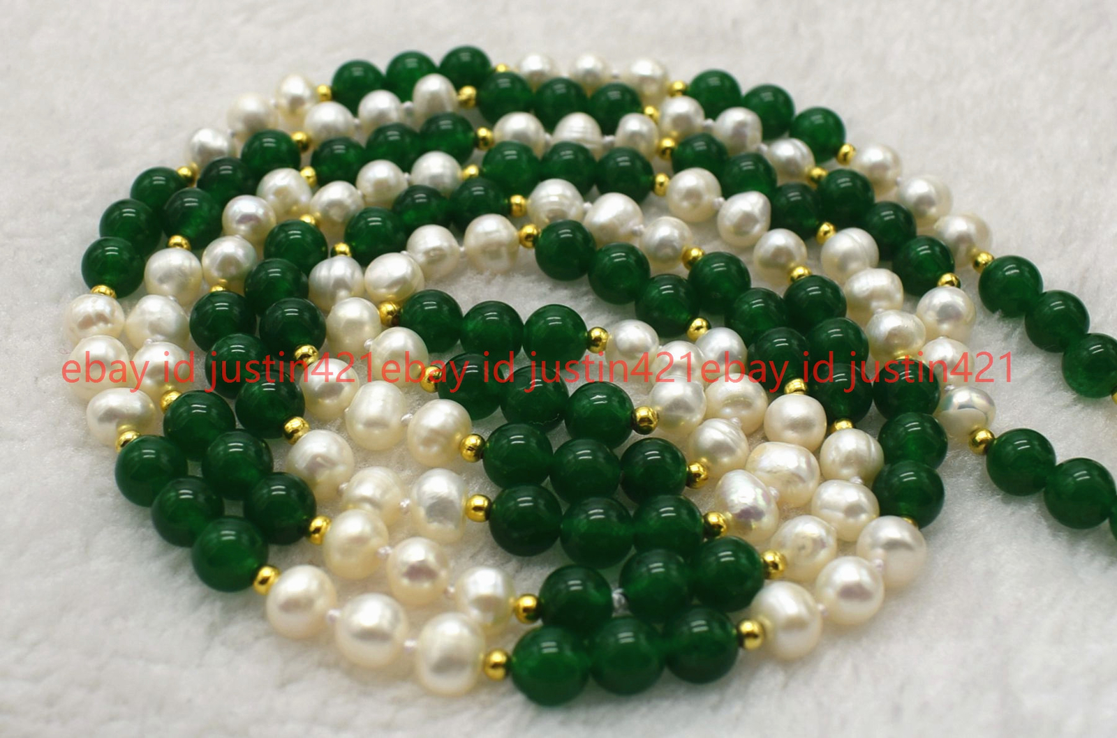7-8mm White Cultured Pearl & 8mm Green Jade Round Gemstone Necklace 36-100″ AAA