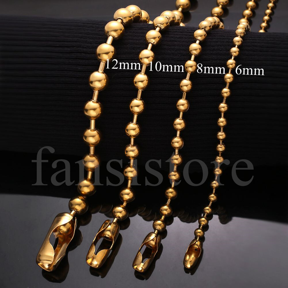 6/8/10/12mm Women Men Gold Tone Stainless Steel Ball Bead Chain Necklace 16-40″