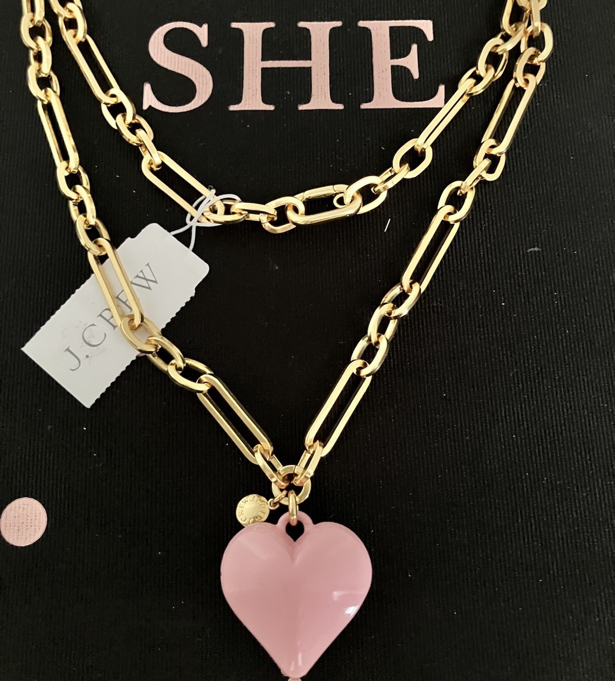 NWT J Crew Pink Enamel Heart Gold Tone Statement Necklace