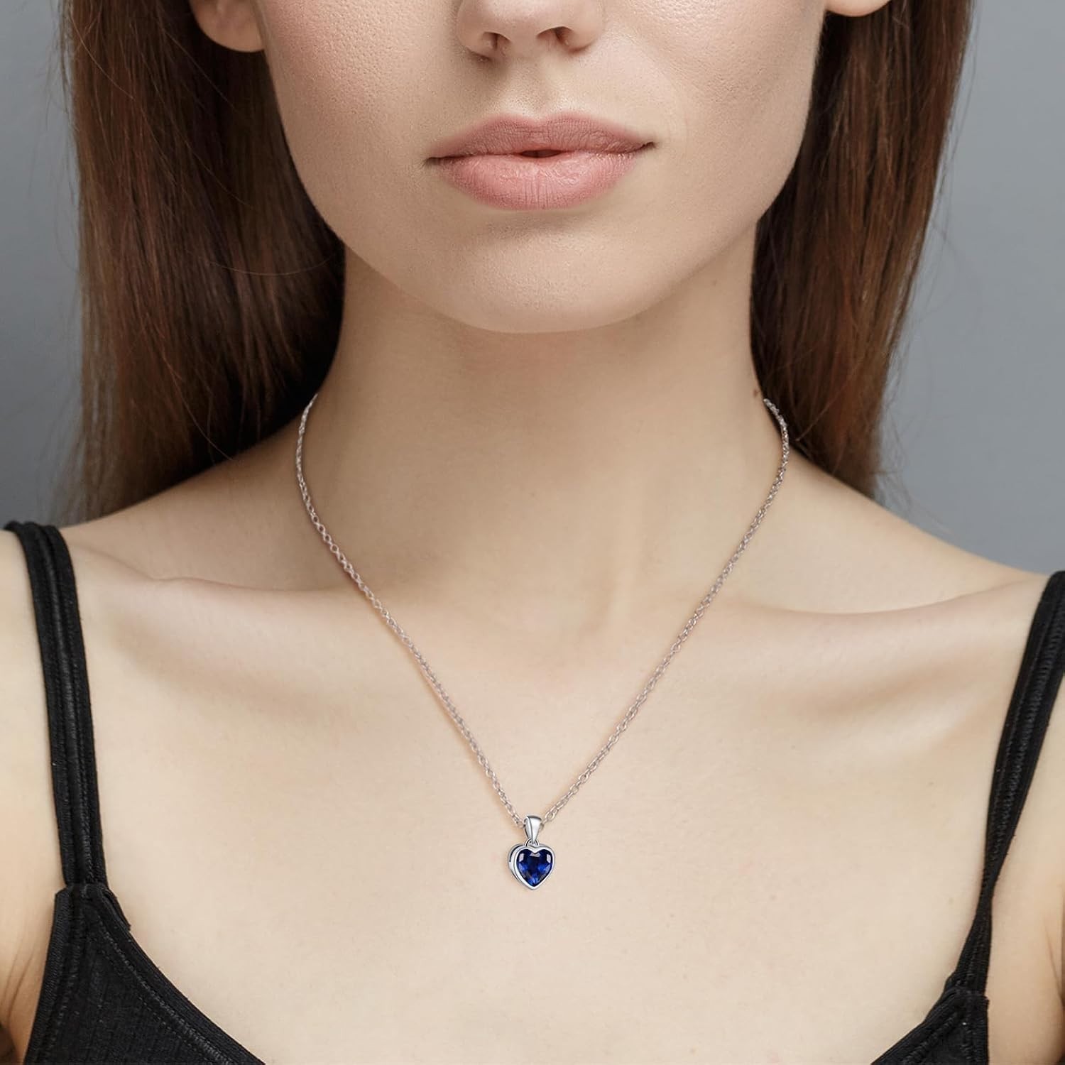 Classic Sapphire Heart Pendant Necklace in Sterling Silver – Adjustable 18-20″