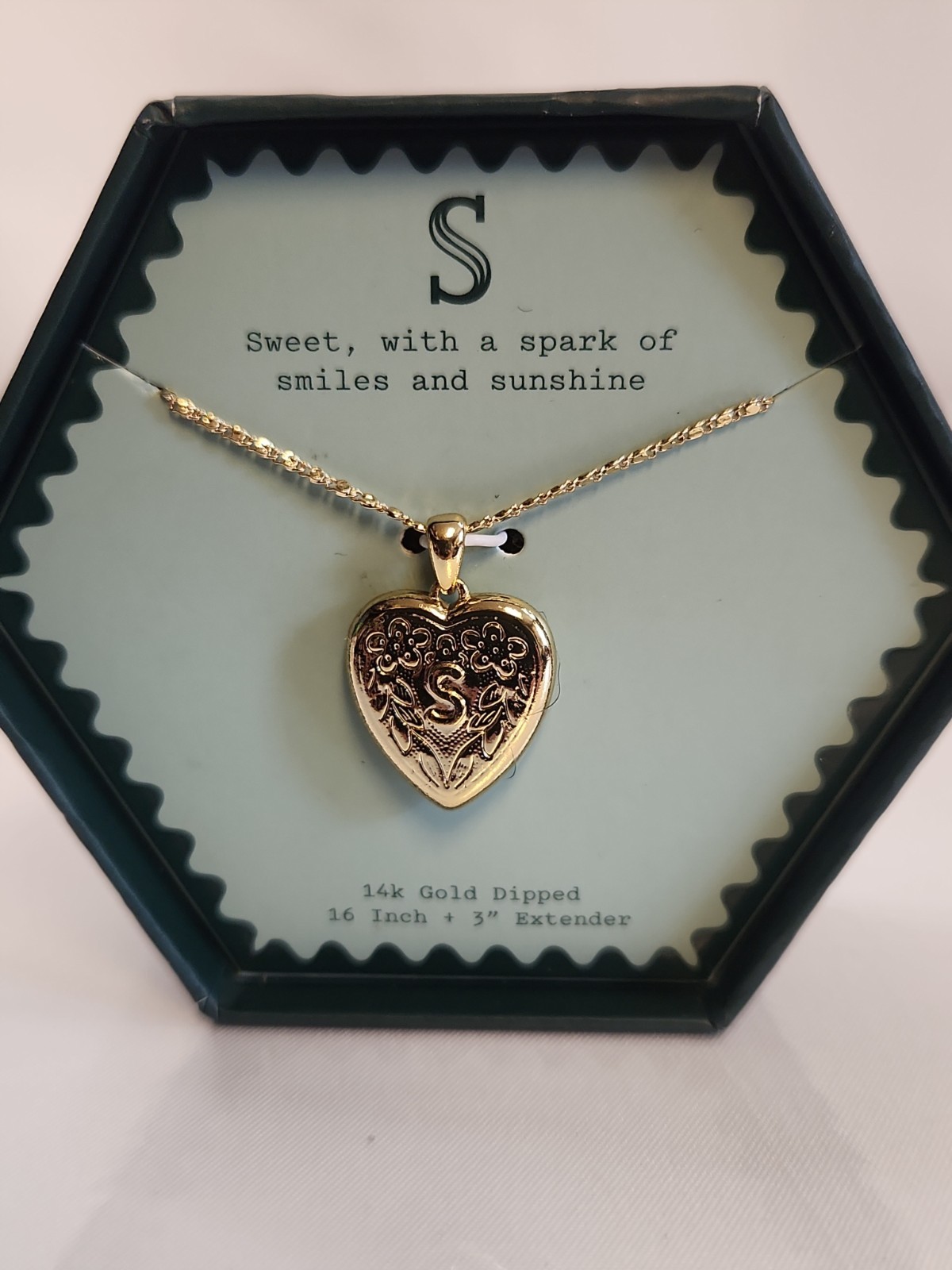 A New Day 14k Gold Dipped Initial S Heart Locket Necklace Floral Engraved Boxed