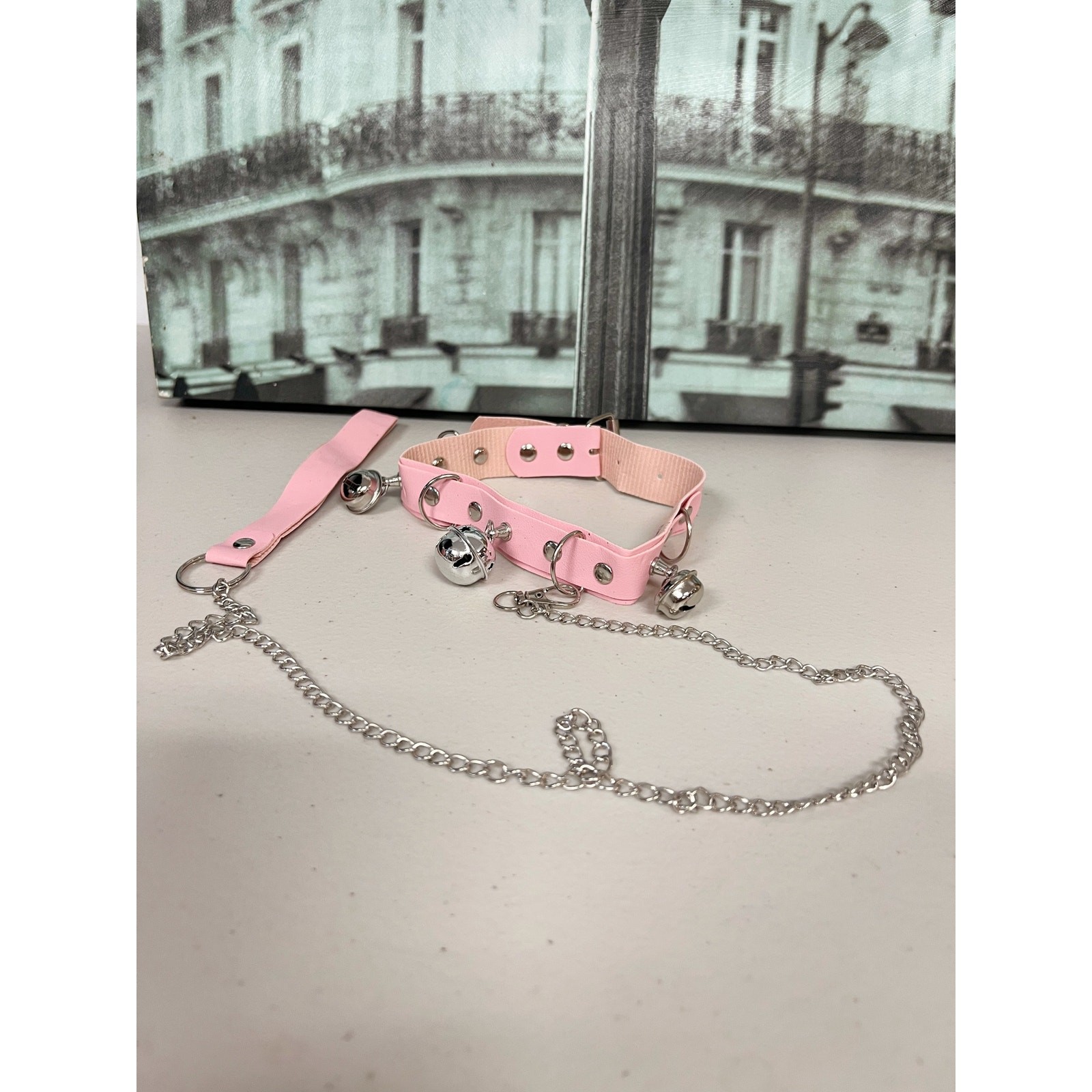Gothic Faux Leather Choker Set with Detachable Chain Leash and Bell