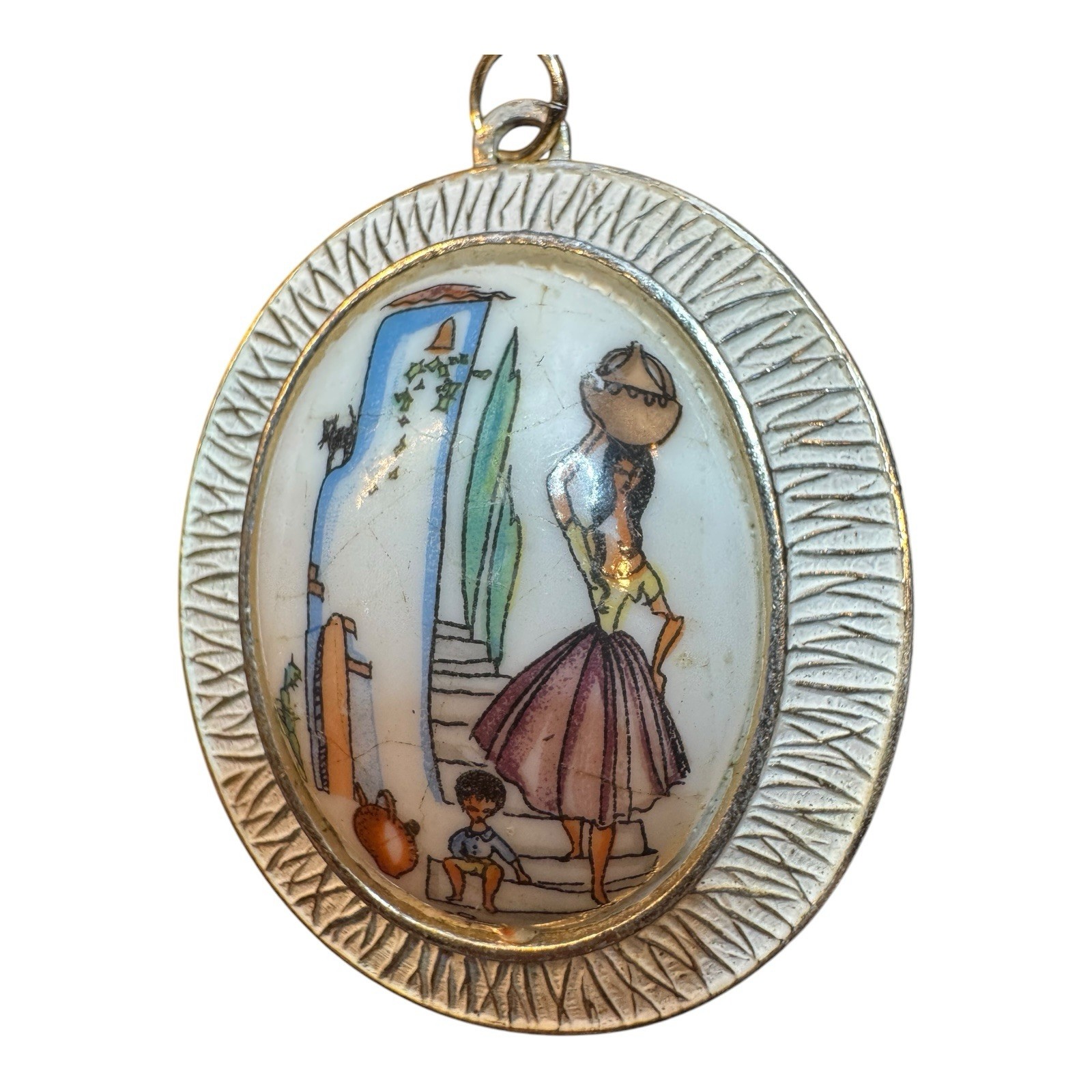 Vintage West Germany Pendant Painted Folk Art Scene Woman Child Cat Oval