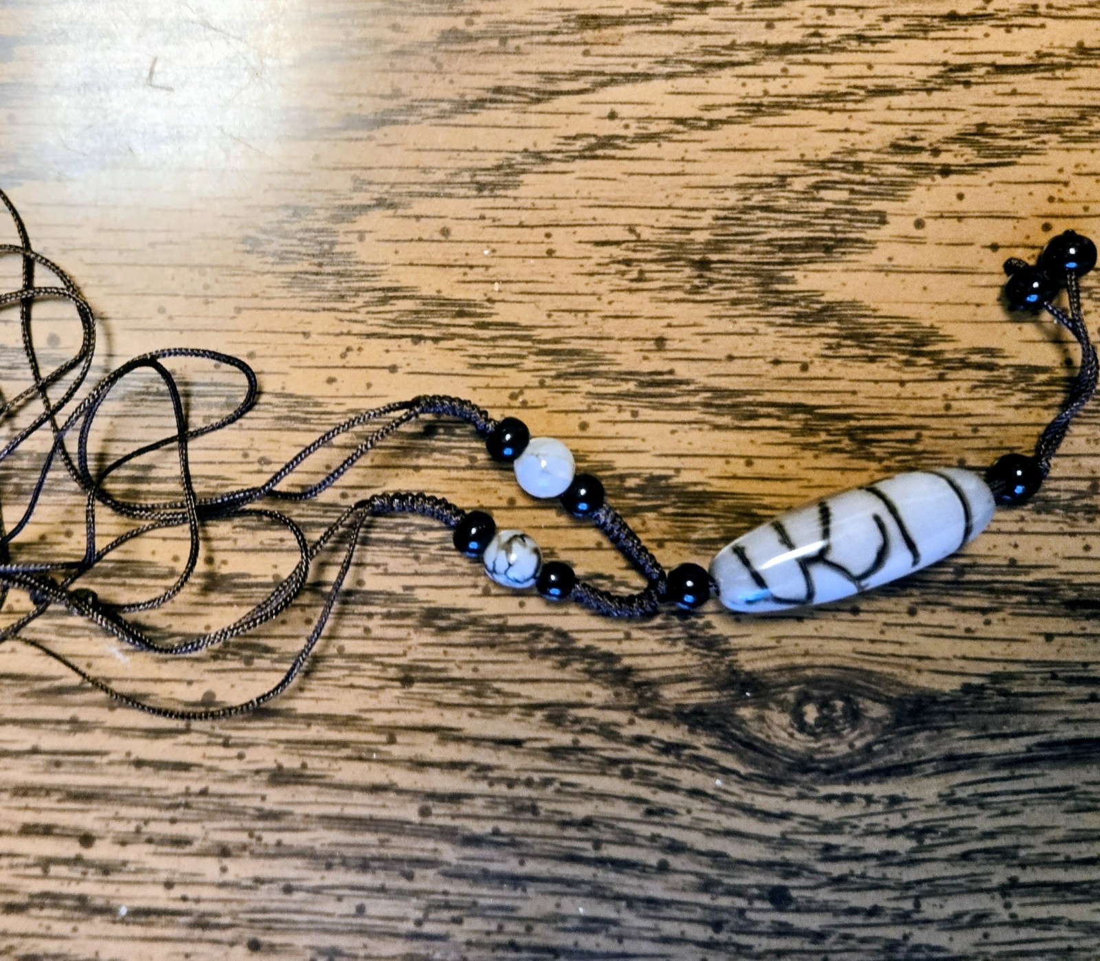 Black Cord Beaded Pendant Necklace Barrel Charm, Black & White Stone Beads