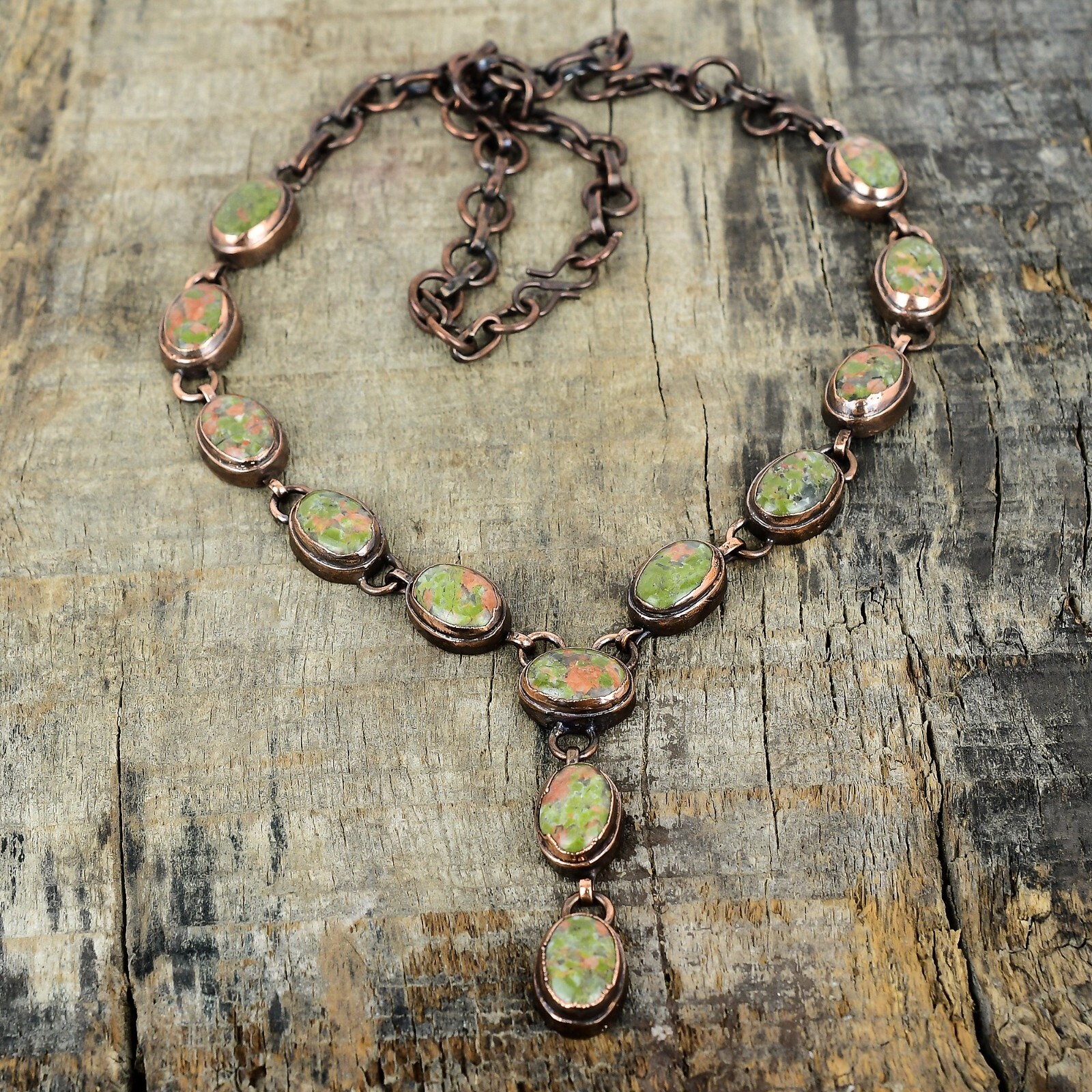 Oval Unakite Gemstone Chain Bezel Electroformed Wife Anniversary Necklace Copper