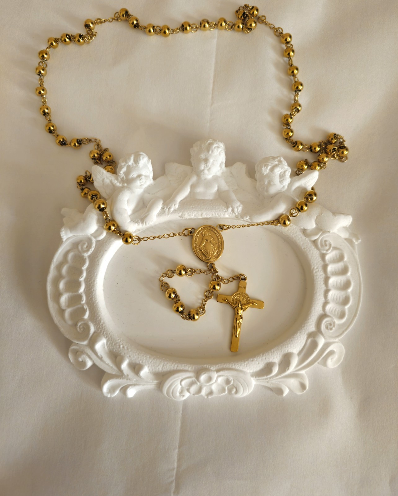 Gold Tone Stainless Steel Rosary Necklace Virgin Mary Crucifix Cross 60cm