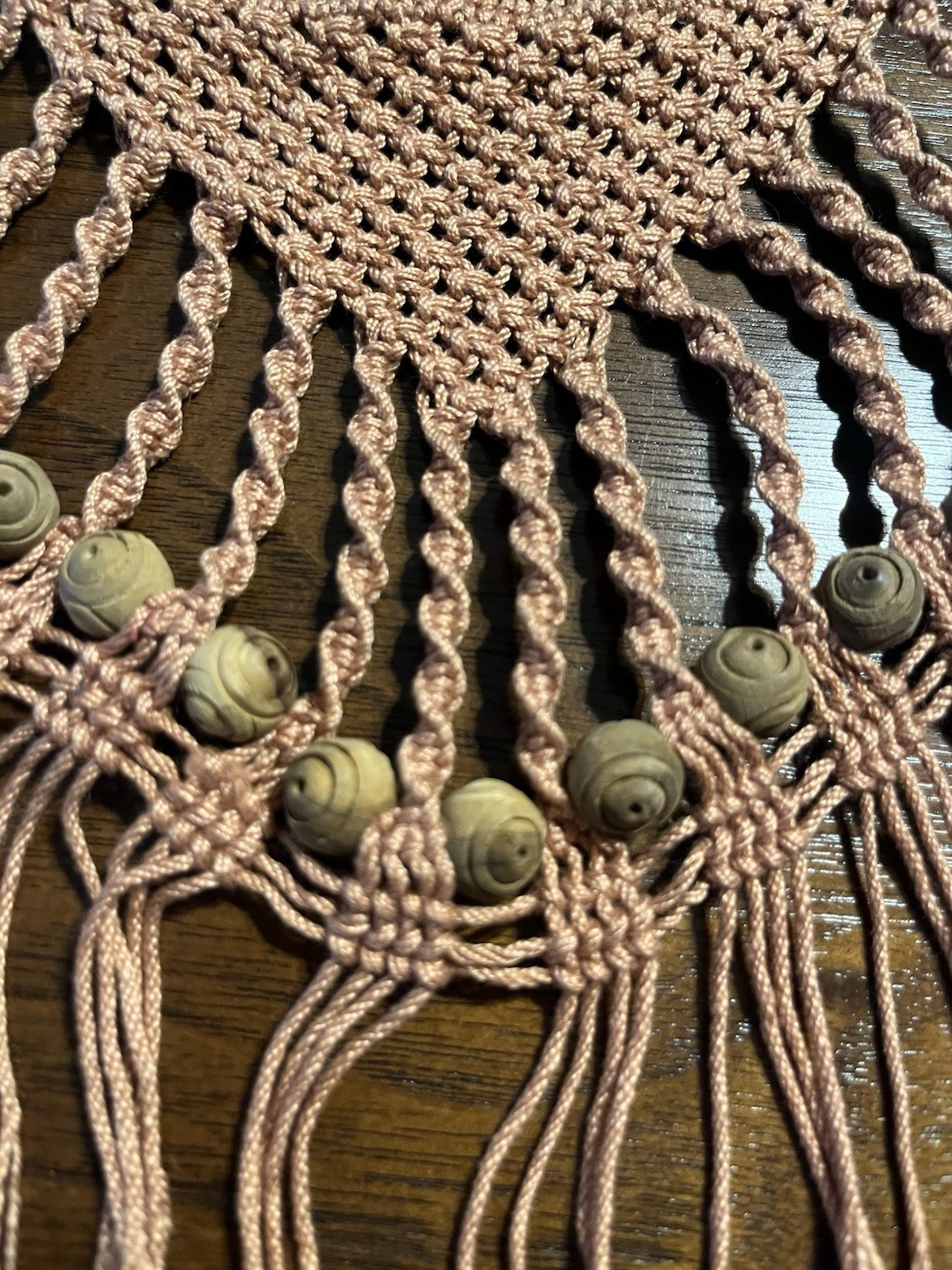 VTG Boho Macrame Bib Statement Necklace Wood Bead Fringe Collar Gold Hoop 5”