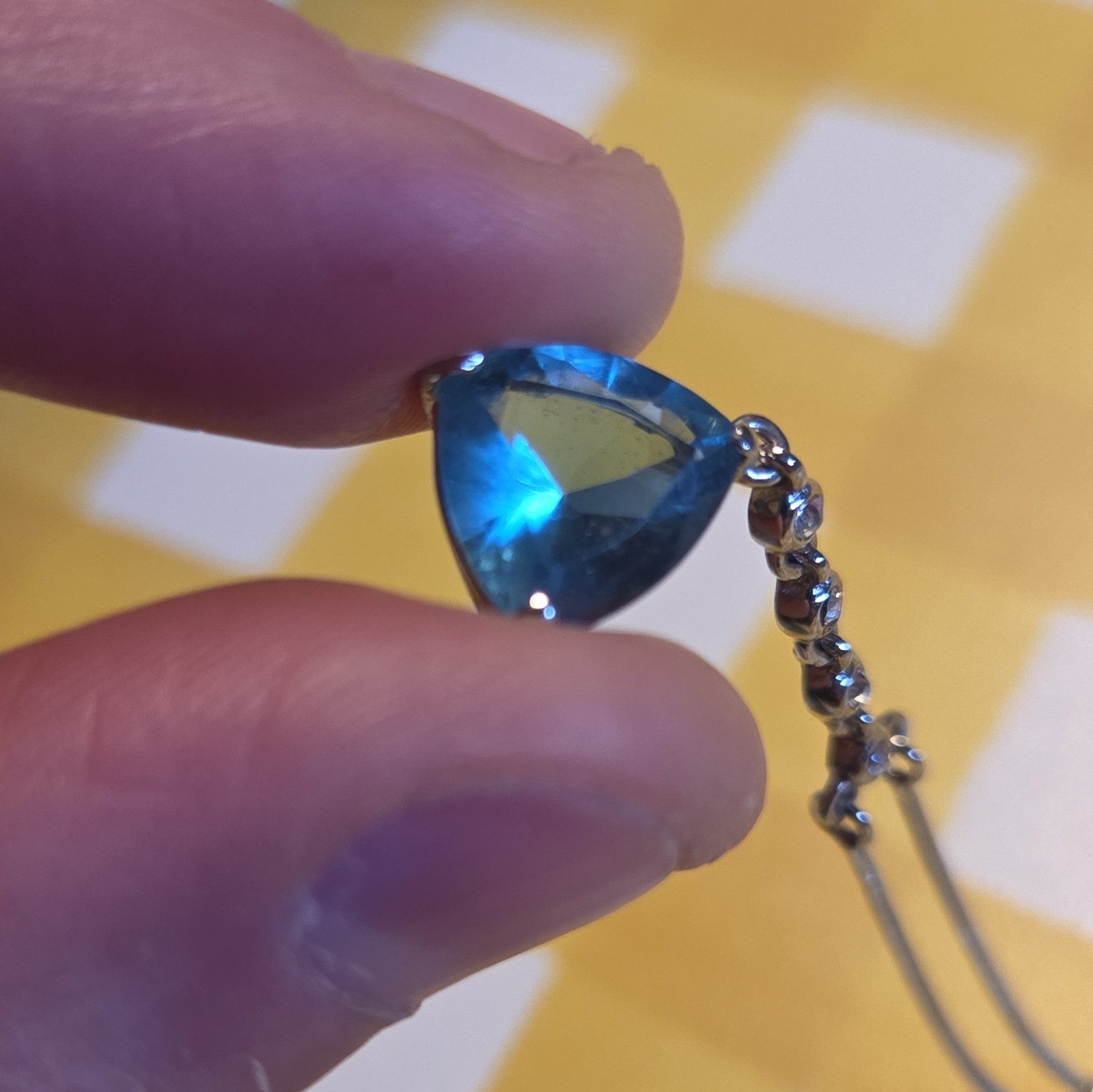 Silver Tone Snake Chain Necklace Blue Trillion Crystal Triangle Charm Pendant