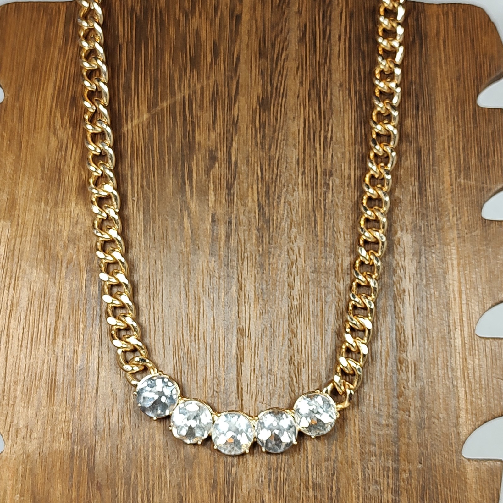 Gold Tone Metal Clear Colorless Glass Stones Statement Necklace 17″ – 19.5″