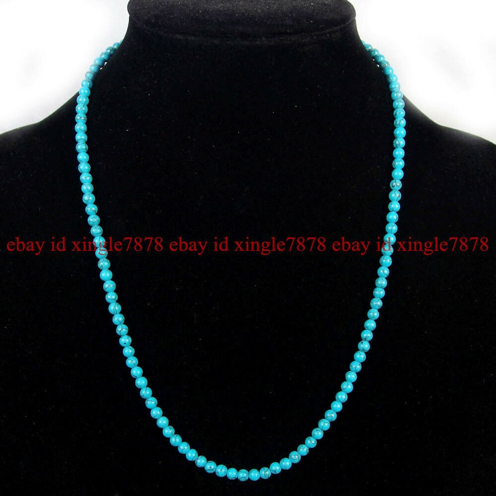 Small 4mm Natural Blue Turquoise Round Gemstone Beads Necklace 20″ AAA