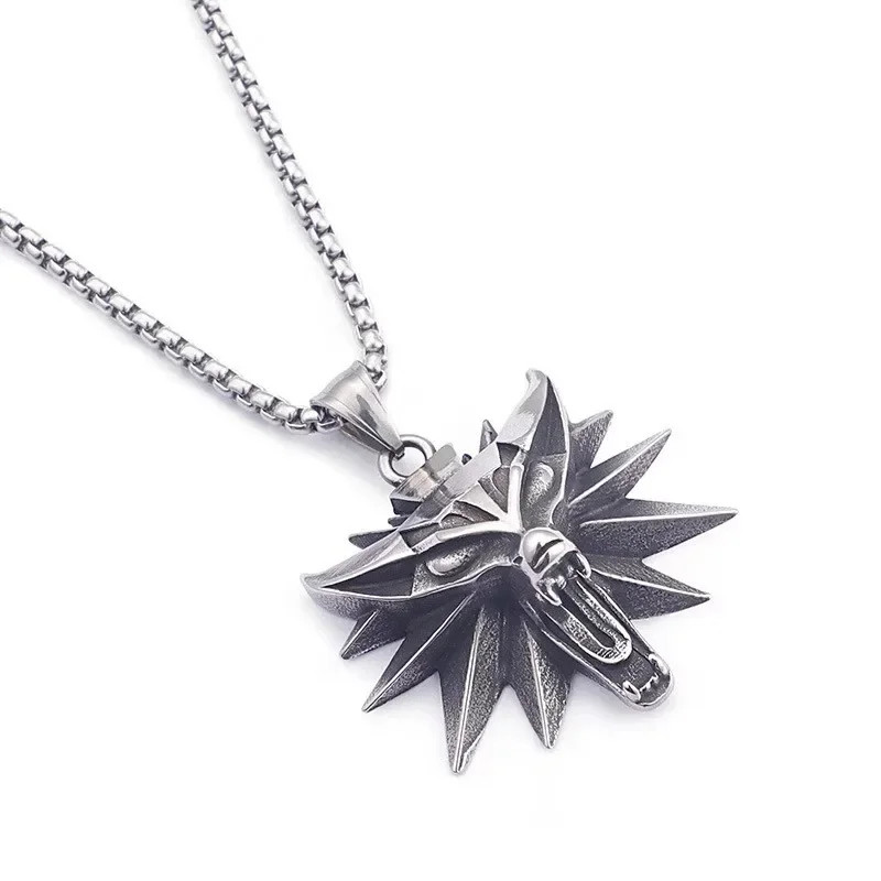 Men’s Pendant Witcher Punk Head Necklace Wolf Rock Biker Jewelry Chain 24″ Gift