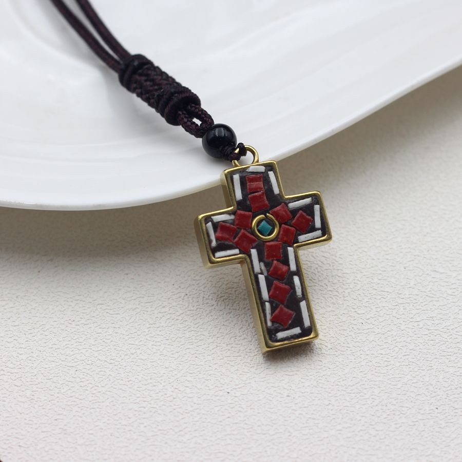 Himalayan Nepal Handmade Brass Cross Pendant Artisan Crafted With Decorative