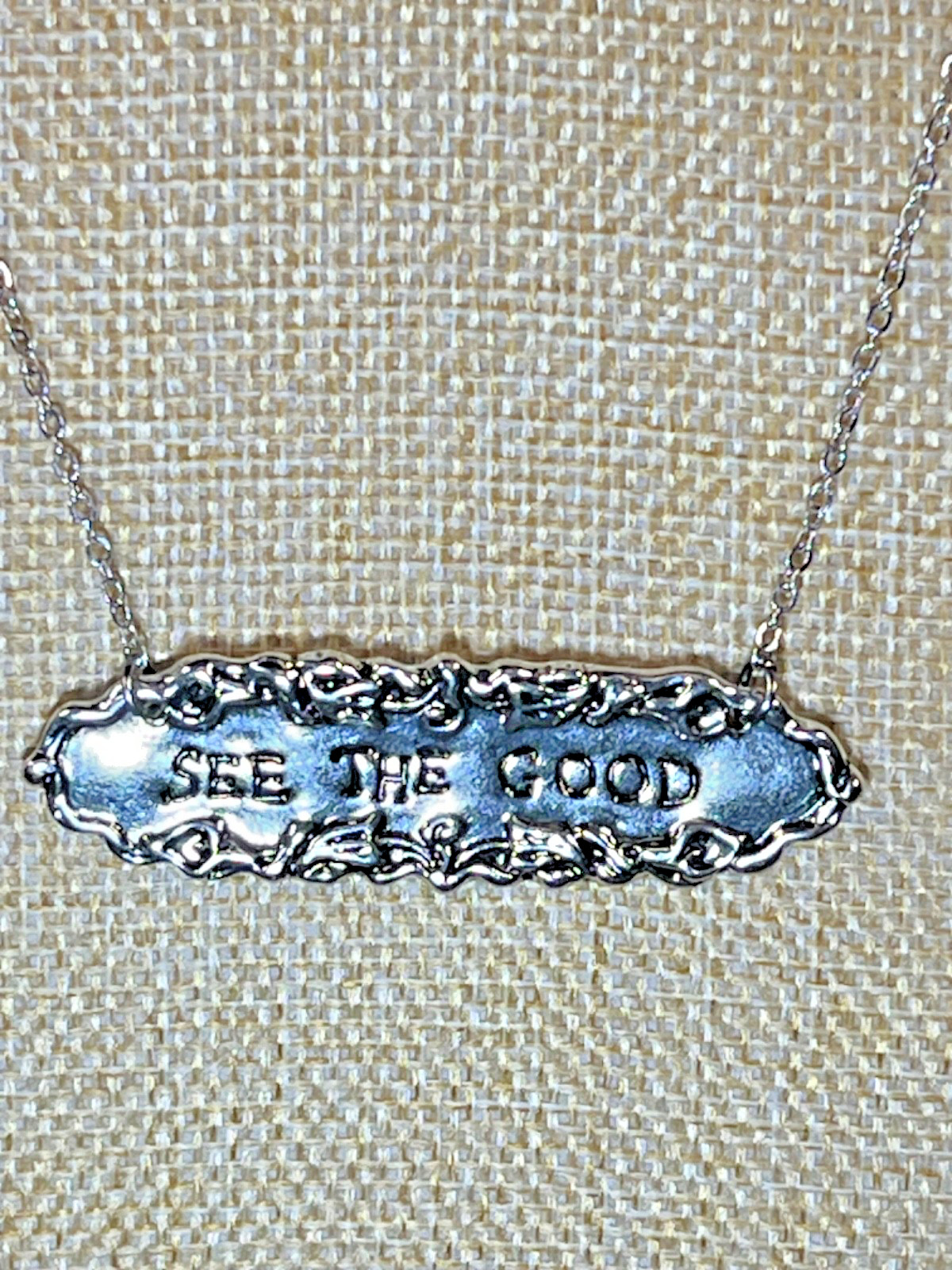 PLUNDER DESIGN – Silver “SEE THE GOOD” Engraved – Adjustable 11″ Necklace – NEW