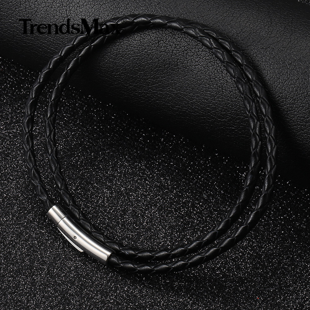 For Men Black Braided Leather Rope Necklace Stainless Steel Secure Clasp 16″-30″