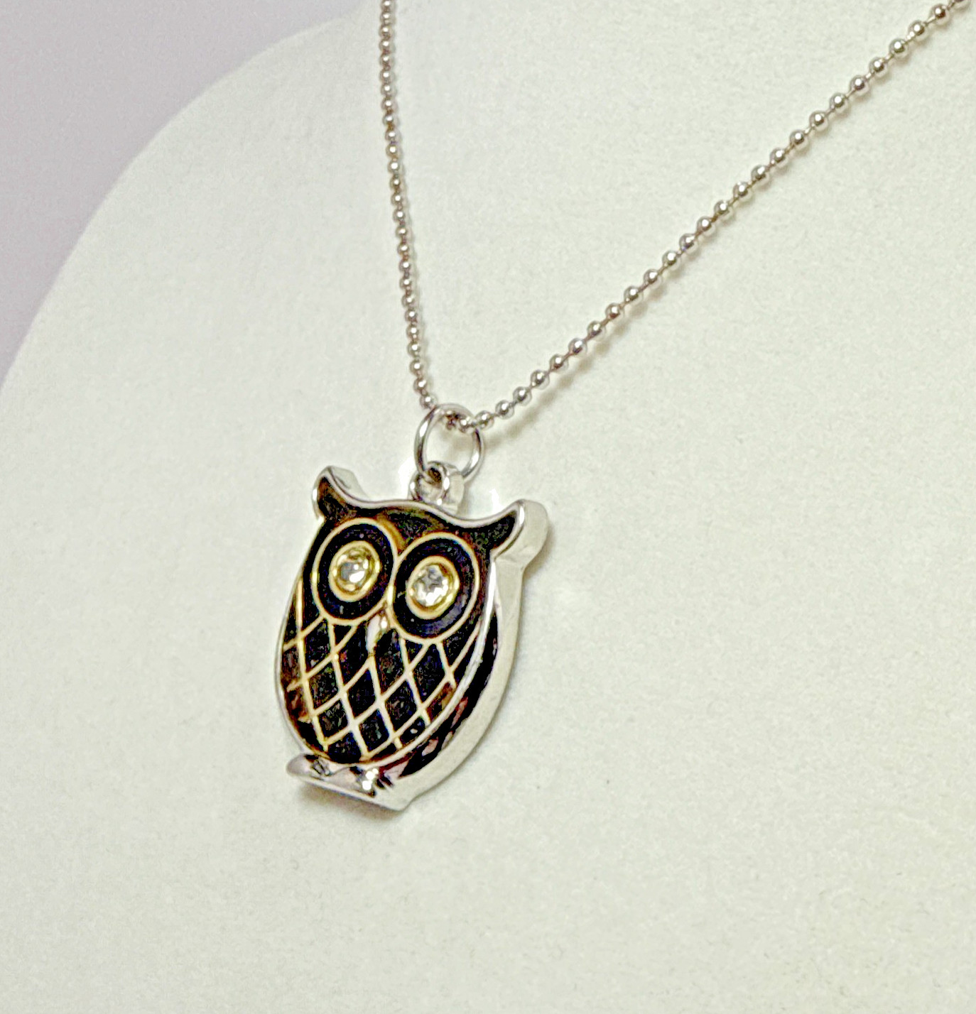 Vintage Owl Pendant Necklace Silver Tone Black Enamel Rhinestone Whimsical Boho