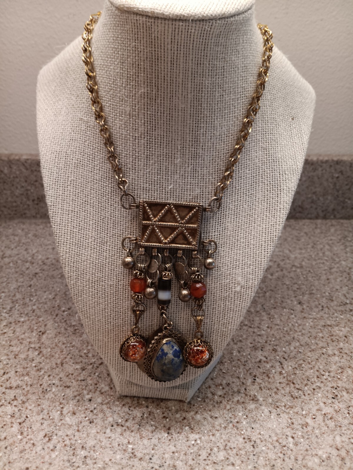 Unique Gold Tone Pendant Necklace with Assorted Dangling Bobbles