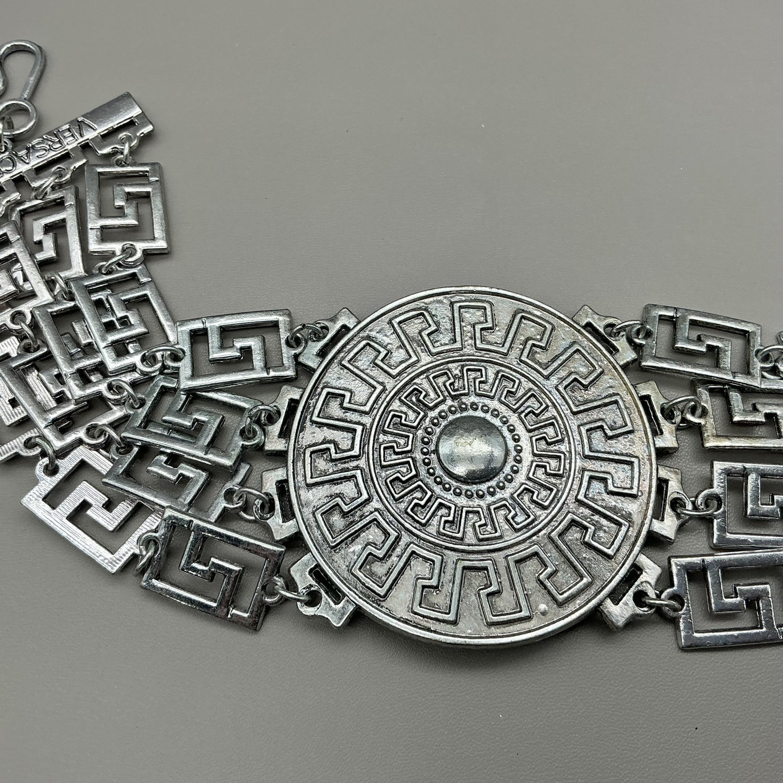 Versace For H&M Necklace Silver Greek Key Medallion Collar Statement Jewelry