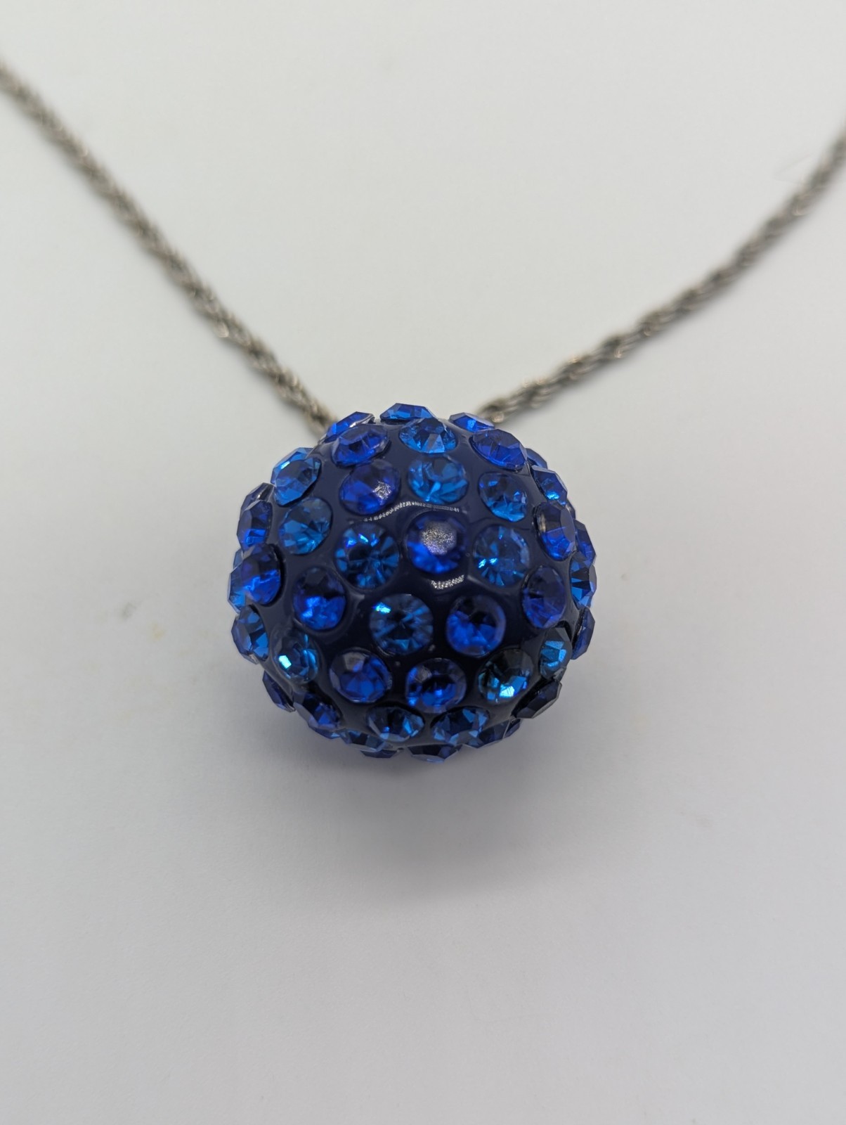 Sparkling Blue Shamballa Ball Pendant Necklace, Royal Blue Rhinestone Disco Ball