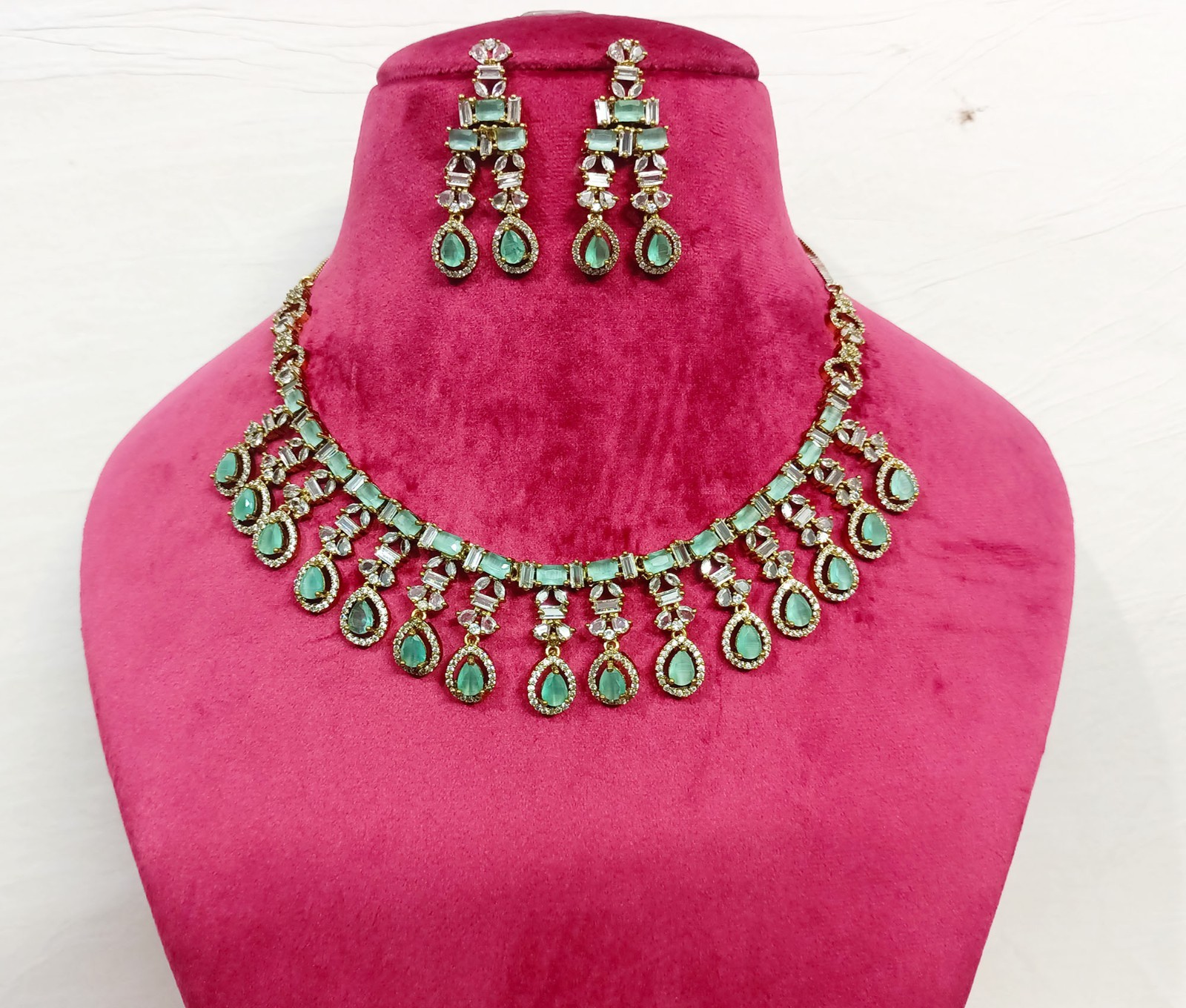 Mint Bridal CZ Necklace Earring Antique Plated Party Wear Wedding Choker Jewelry