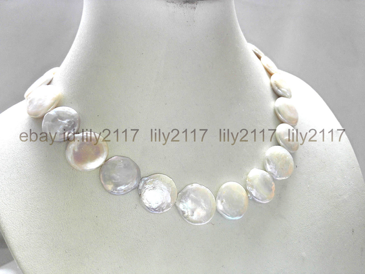 Fashion 18-20mm white coin shape genuine cultured freshwater pearl necklace 18”